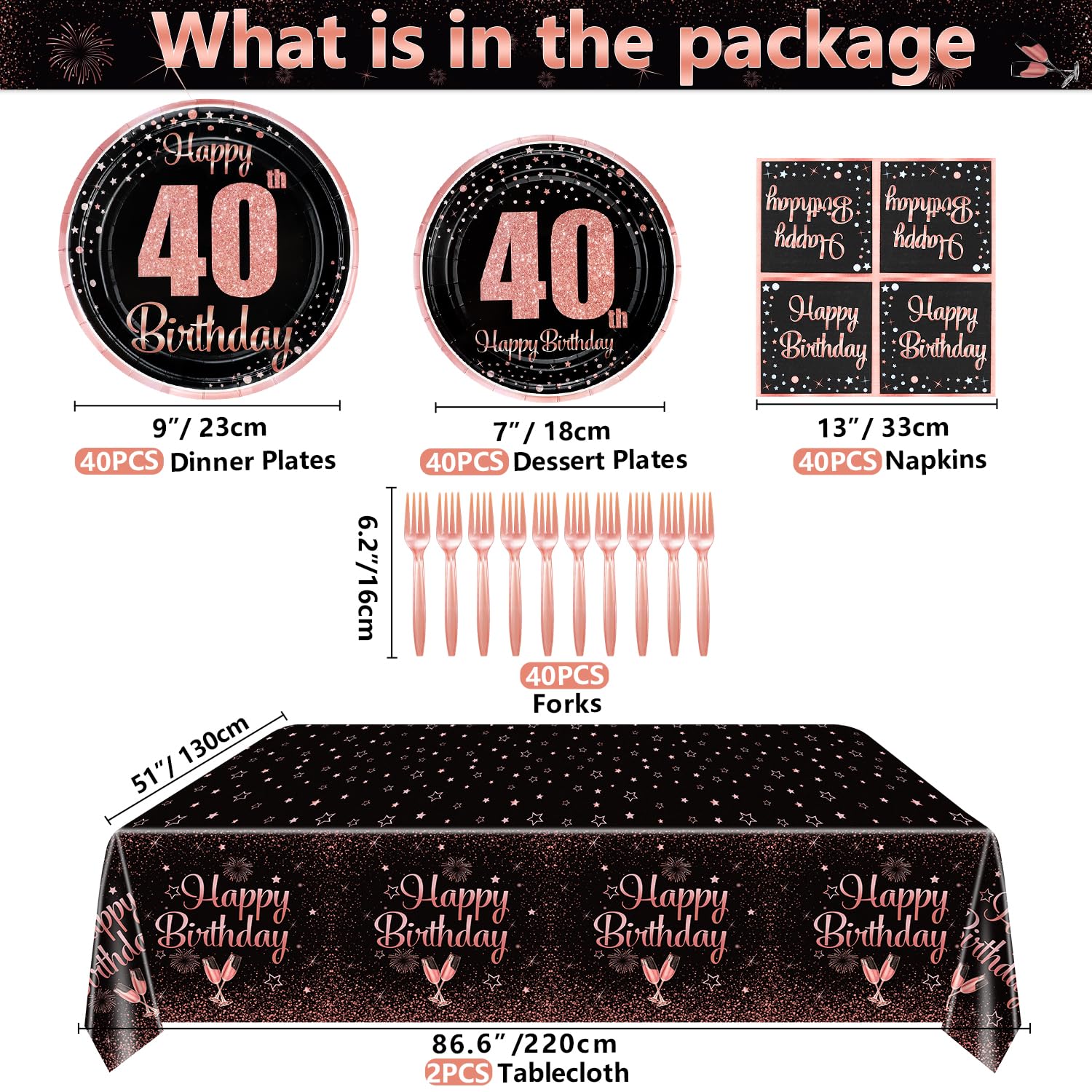 Hegbolke 40th Black and Rose Gold Party Decorations for Women - 162 Pcs Plates, Napkins, 40th Tablecloth, Forks for Black and Rose Gold Birthday Supplies, Sever 40