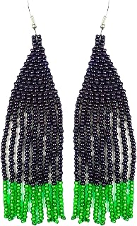 Handmade Purple green earrings Bright green tassel bead earring Native beadwork Dressy boho earrings Chandelier style