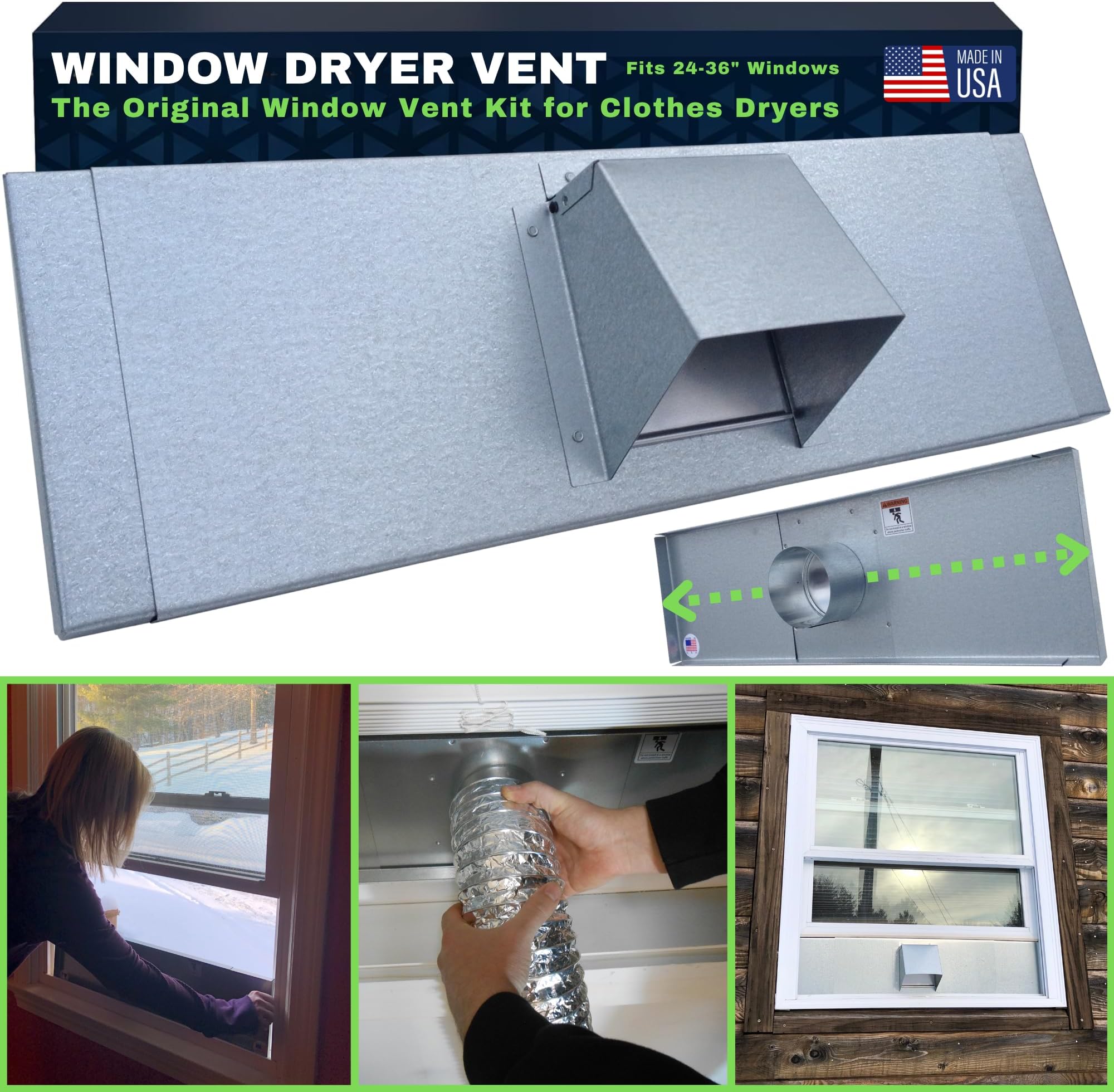 Window Dryer Vent – The Original Window Vent Kit for Clothes Dryers, 4 Inch Exhaust Hood, Adjustable Side Panels Fit 24-36” Windows, Heavy Duty Metal Design by Vent Works