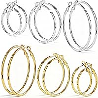 QSLST 6 Pairs Gold Silver Hoop Earrings for Women - Hypoallergenic 14K Gold Plated 316L Stainless Steel, Lightweight 30/40/50mm Hoops Set