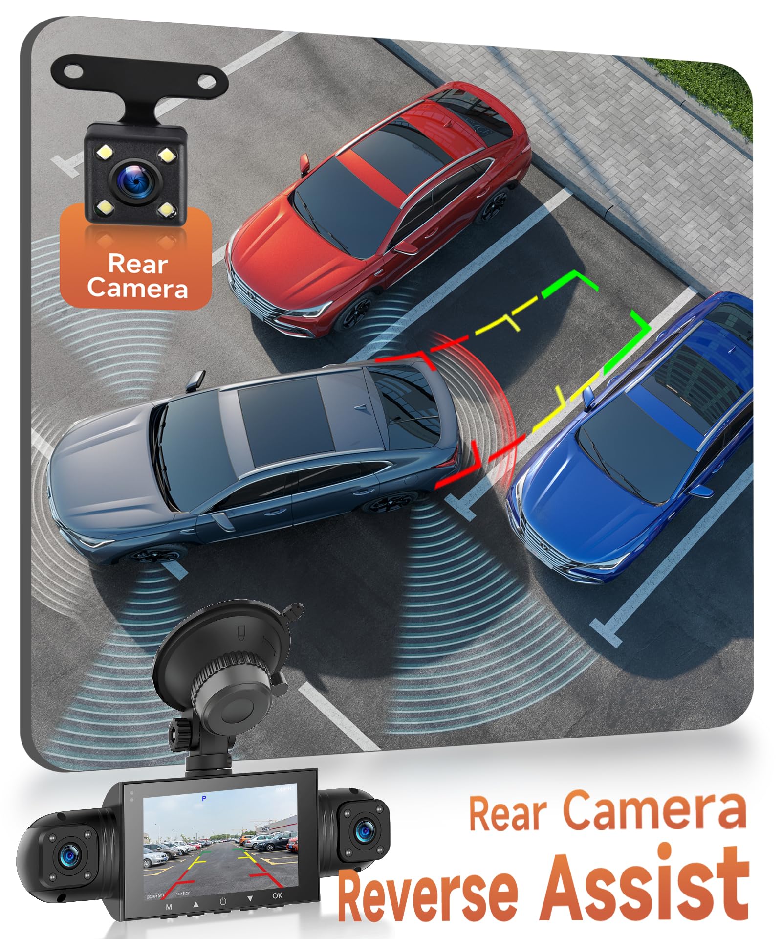 4 Canali Dashcam Auto 360°, 4 Telecamera HD 1080P Anteriore e Posteriore Sinistra Destra, 3 Pollici 1080P Dash Cam con 64 GB Carta 8 IR Visione Notturna/Loop video/24H Parcheggio Monitor/G-Sensore