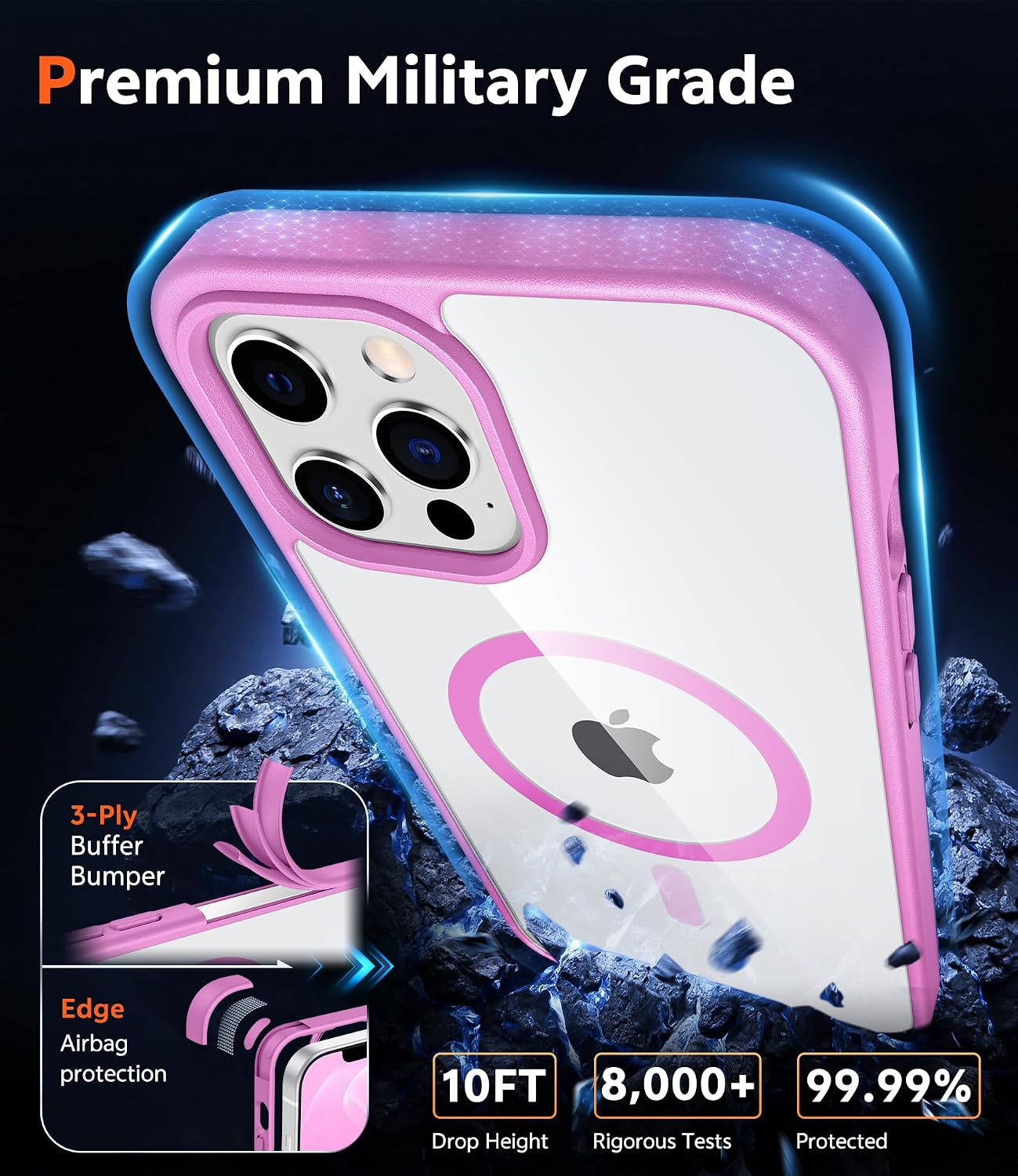 FNTCASE for iPhone 12 Pro-Max Case: Clear Magnetic Phone Cases Compatible with Magsafe Slim Anti Yellowing Military Grade Drop Protection Rugged Protective Transparent Cell Phone Cover (B-Pink)