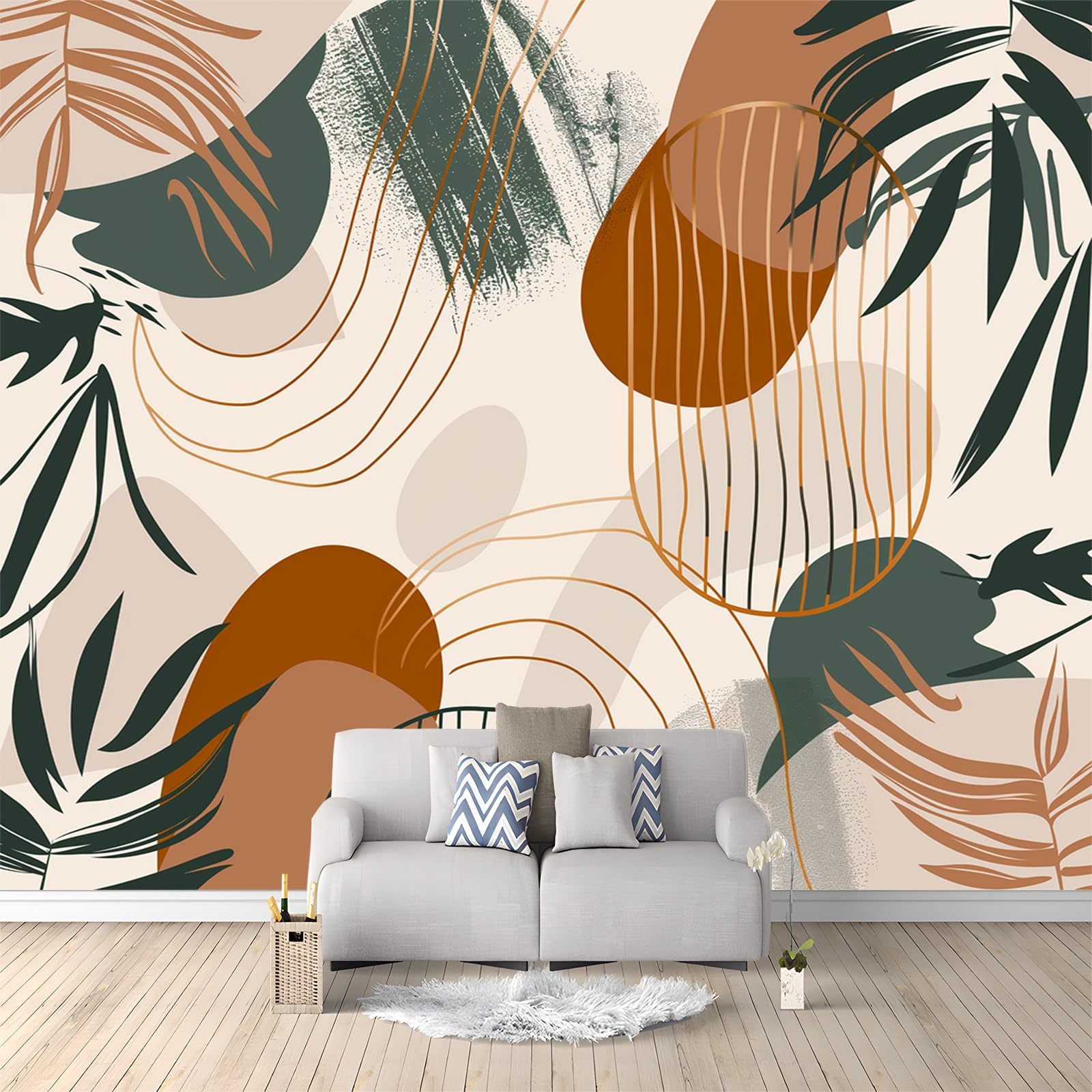 Papier peint panoramique 3D feuilles tropicales bohème intissé 200x140 cm pour salon et chambre