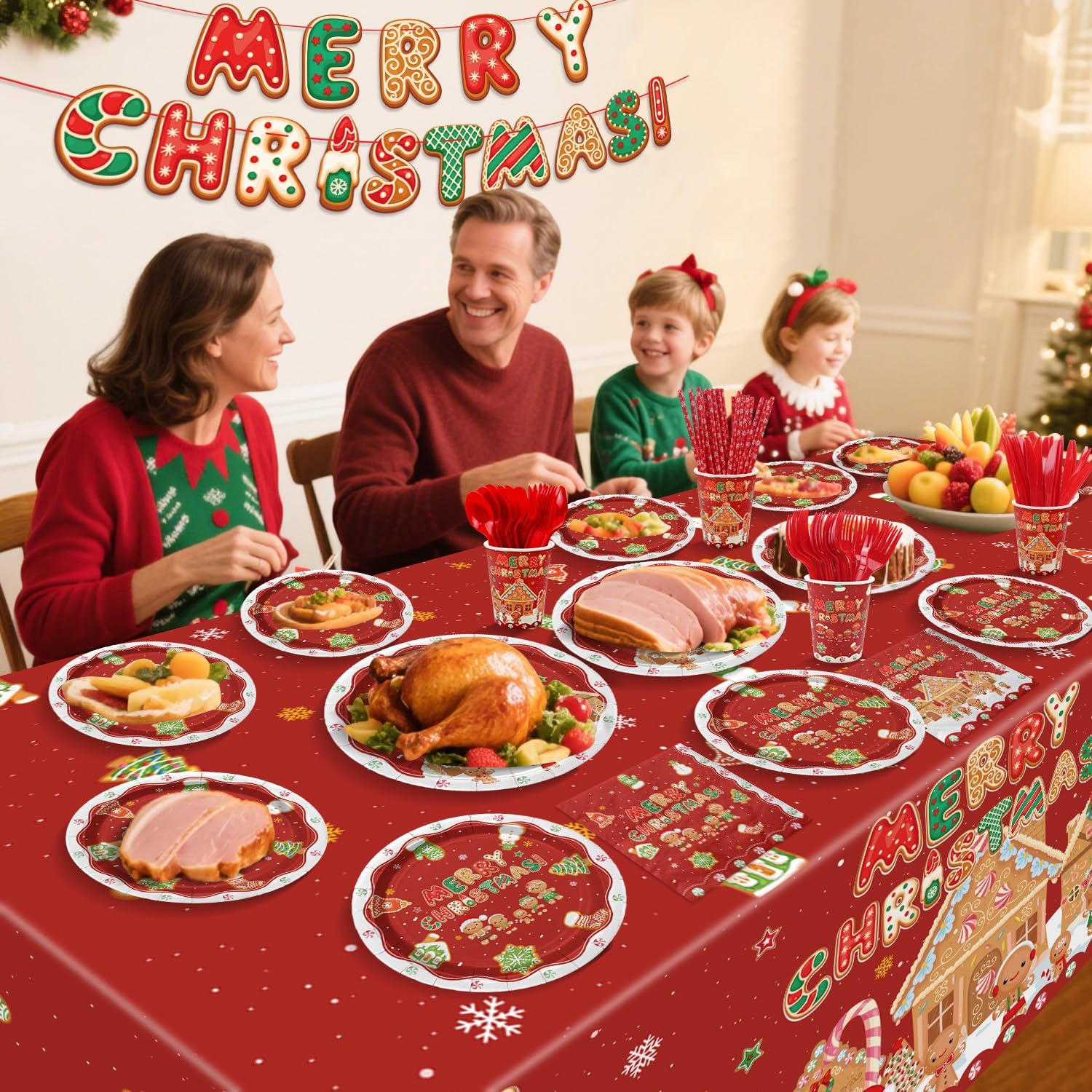 Christmas Party Decorations - Xmas Gingerbread Paper Plates, Banner, Cake Topper, Snowflakes Napkins, Cups, Tablecloth Christmas Dinnerware Set for Xmas Winter Holiday Party Supplies, Serve 20 Guests