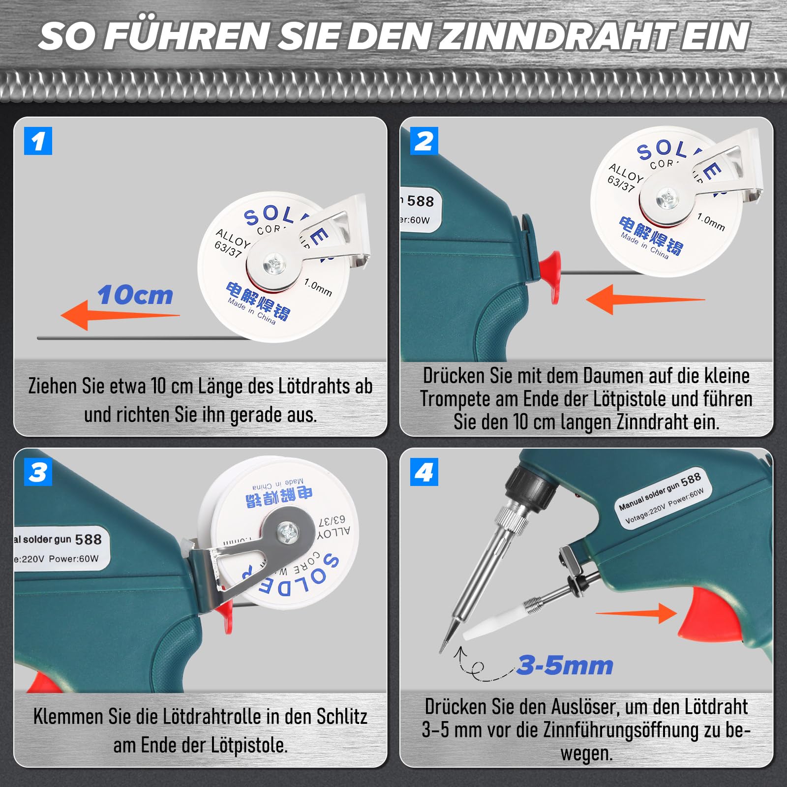 Lötkolben Set, 60W 220V Lötpistole, Lötpistole mit Schweißdraht, Schnelles Aufheizen, Einhandbedienung, zum Schweißen und Reparieren
