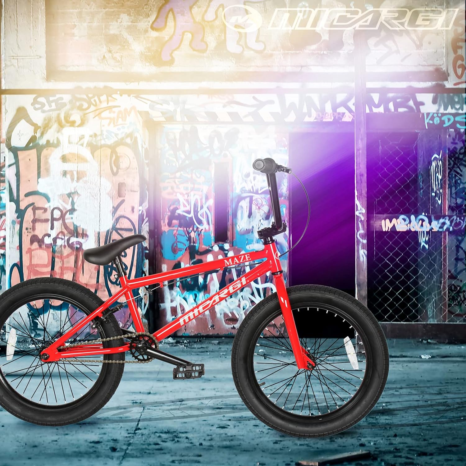 MICARGI Maze Cape Sidewalk BMX Bike, 20-inch Wheels, Hi-Ten Steel Frame, Micro Drive 25x9T BMX Gearing