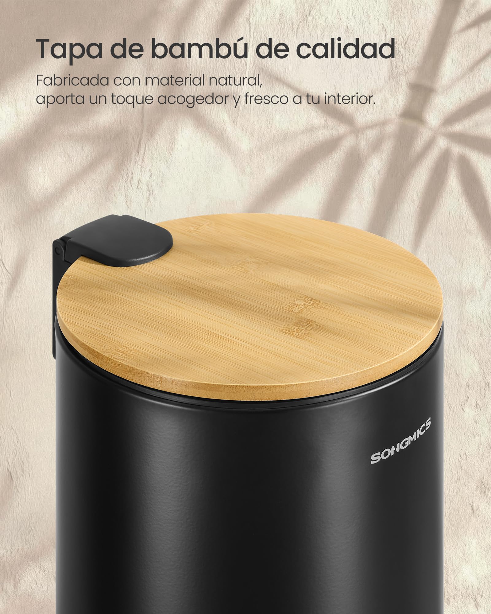 SONGMICS Papelera Pequeña, Cubo de Basura con Tapa de Bambú, Pedal de Metal, Cubo Interior Extraíble, Cierre Suave, para Baño, 3 L, Negro Tinta LTB113BZ01