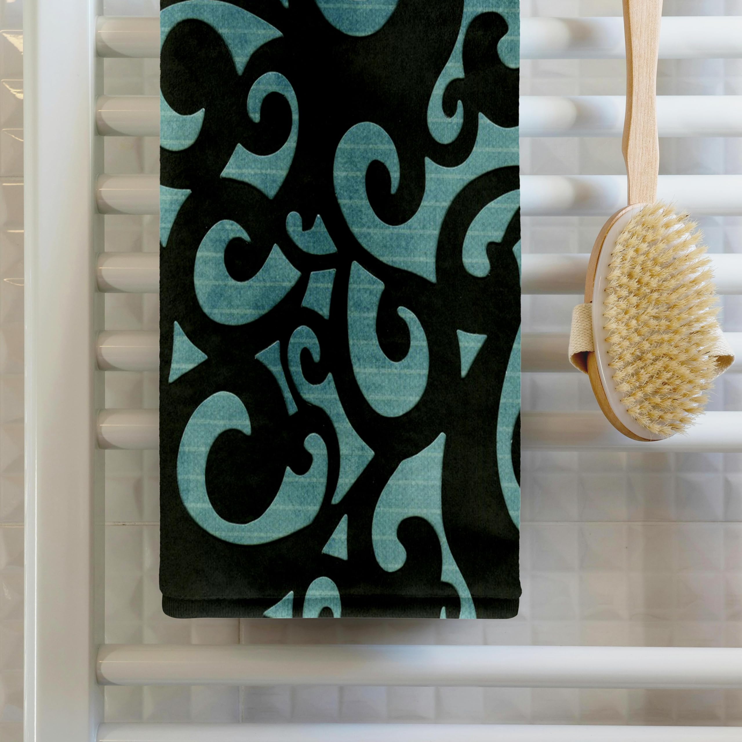 3dRose 15x22 Hand Towel - Black Scrolls On Turquoise Modern Abstract