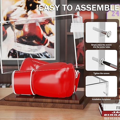 Miniatura 4 de Vitrina de guantes de boxeo con base de madera, caja de acrílico transparente para guantes de boxeo, guantes de béisbol, coleccionables deportivos,