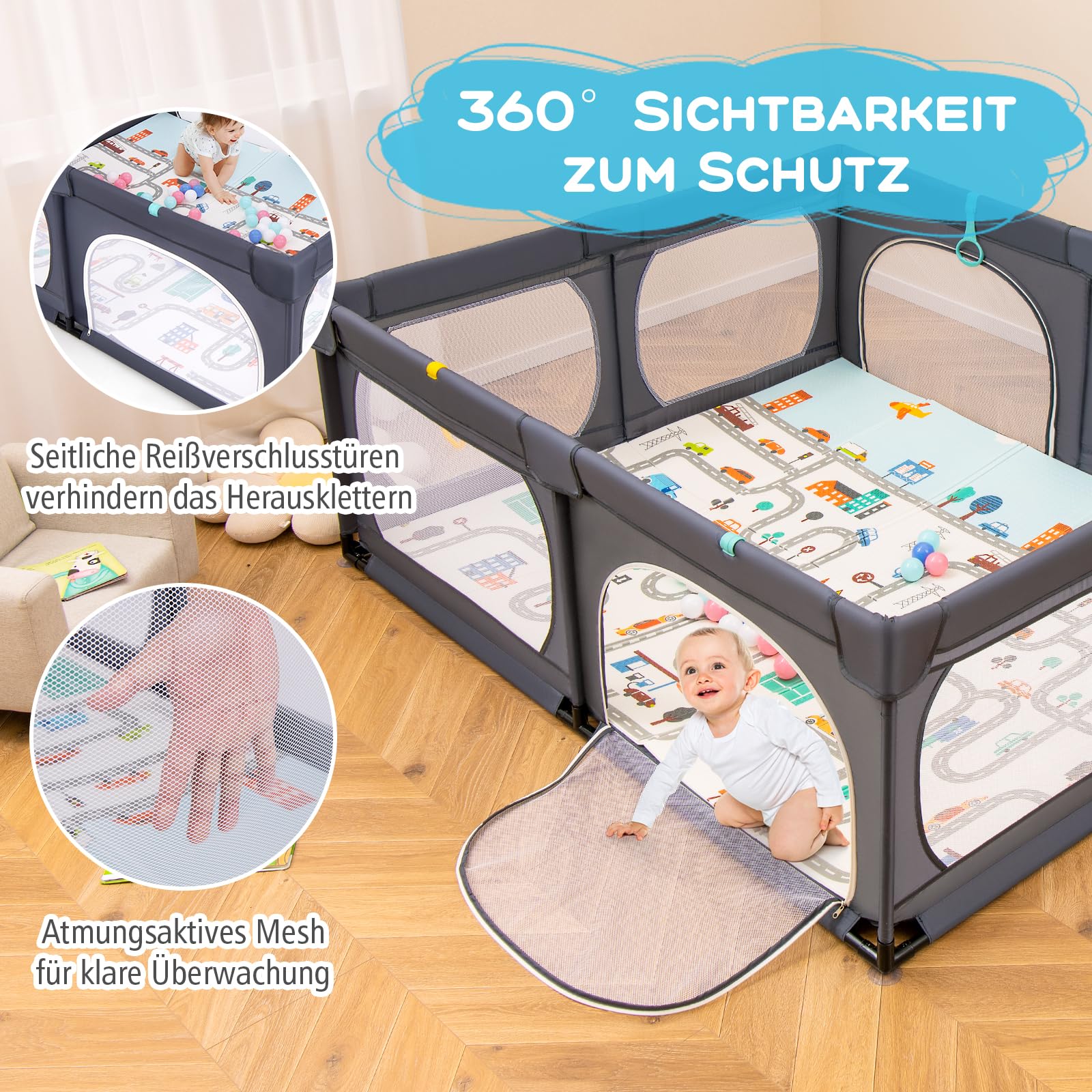 DREAMADE Laufstall Baby, 189 x 158 cm Laufgitter mit Matratze & 4 Zugringen & 50 Ocean Bällen & Tragetasche, Großes Schutzgitter für Baby & Kleinkinder 0-3 Jahren (mit Matratze,Dunkelgrau)