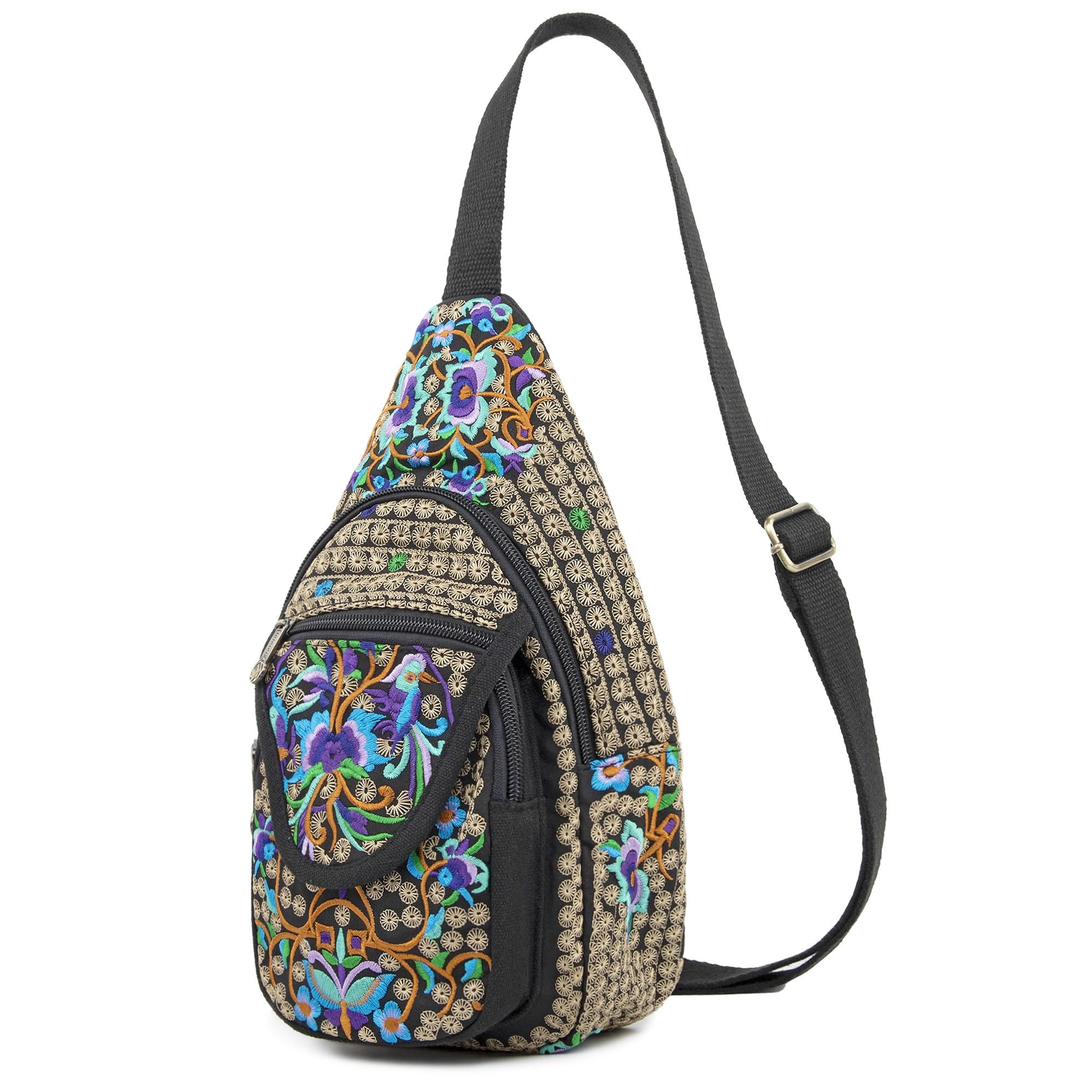 SILKAREA Vintage Embroidered Bohemian Small Sling Bag for Women Crossbody Rope Sling Backpack Purse Shoulder Bag