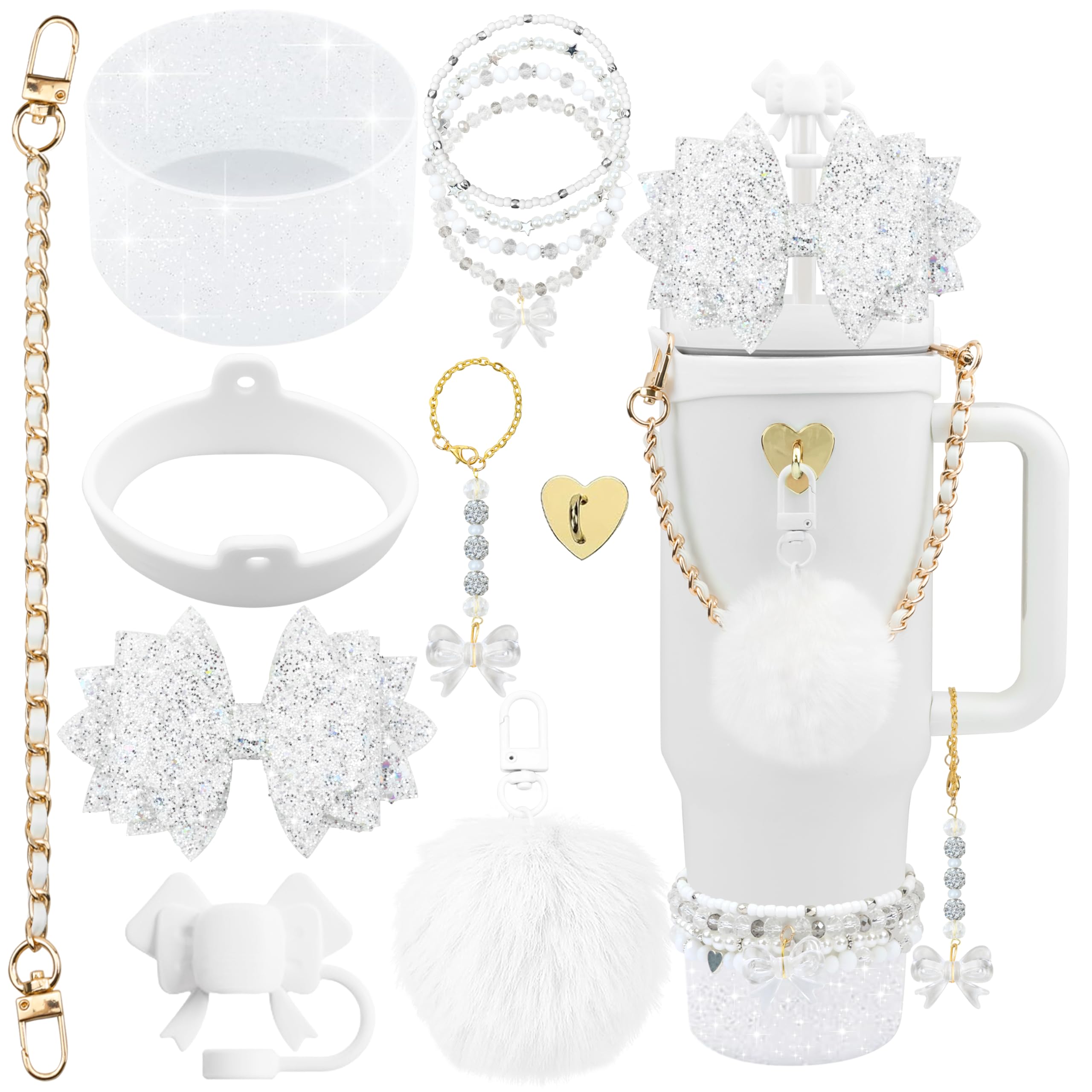 Hpebl 12PCS Accessories for Stanley Cup 40oz&30oz Tumbler Accessories including Silicone Cute White Bow Straw Topper Cover Silicone Stanley Boot