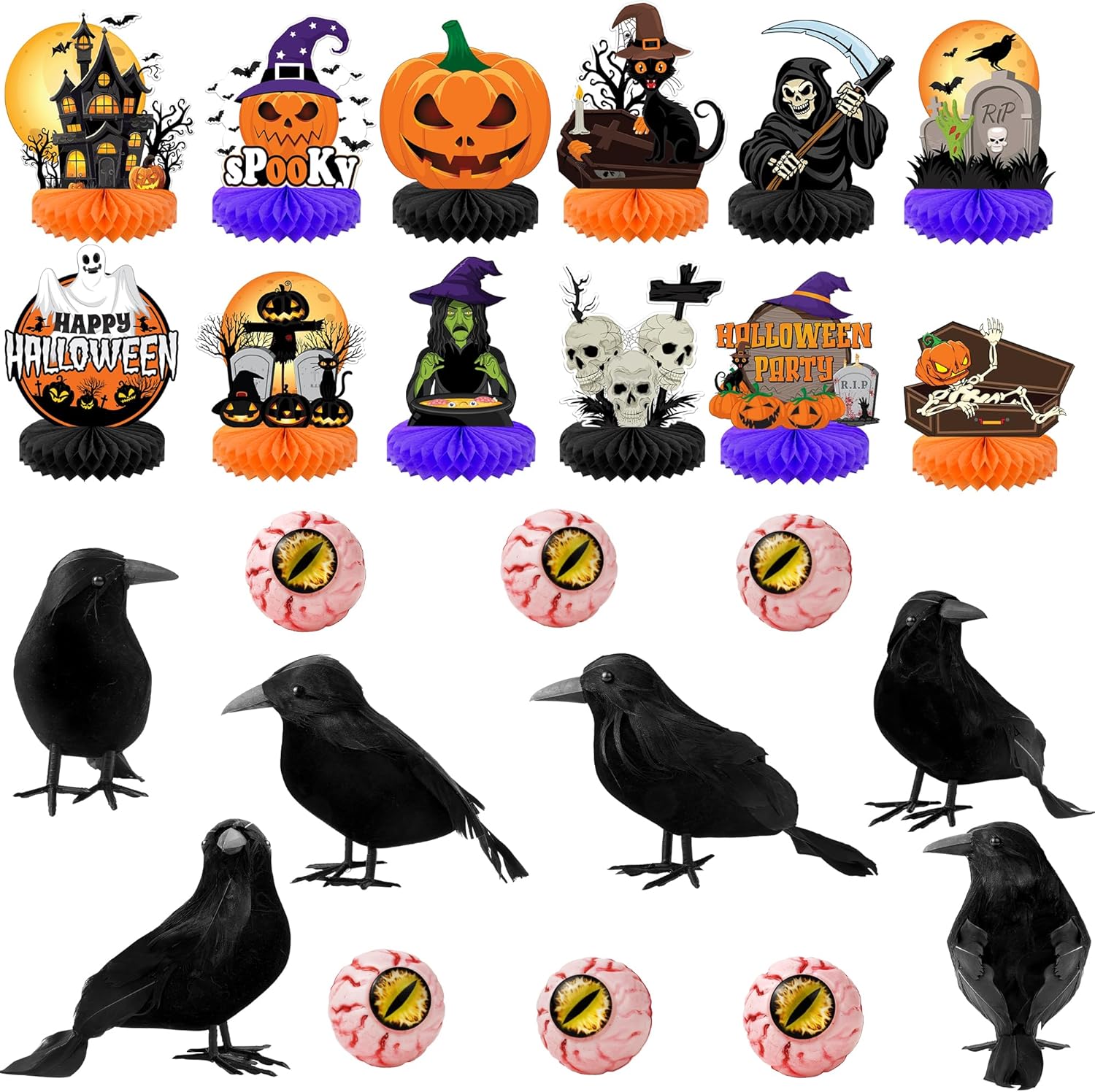 KatchOn, Halloween Decor Set- Pack of 24 | Realistic Feathered Crows & Eyes Decorations with Honeycomb Table Centerpieces | Perfect for Halloween Party Decoration