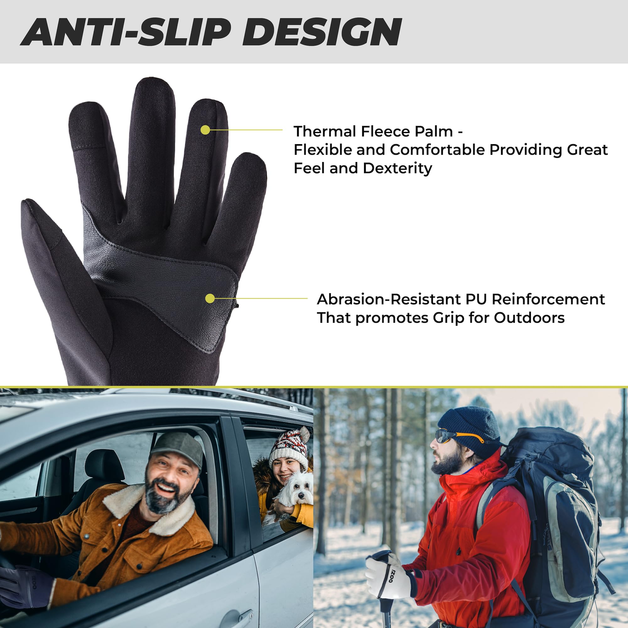 OOZi Guantes de invierno para hombre y mujer, resistentes al viento, repelentes al agua, guantes cálidos con bolsillo con cremallera para clima frío