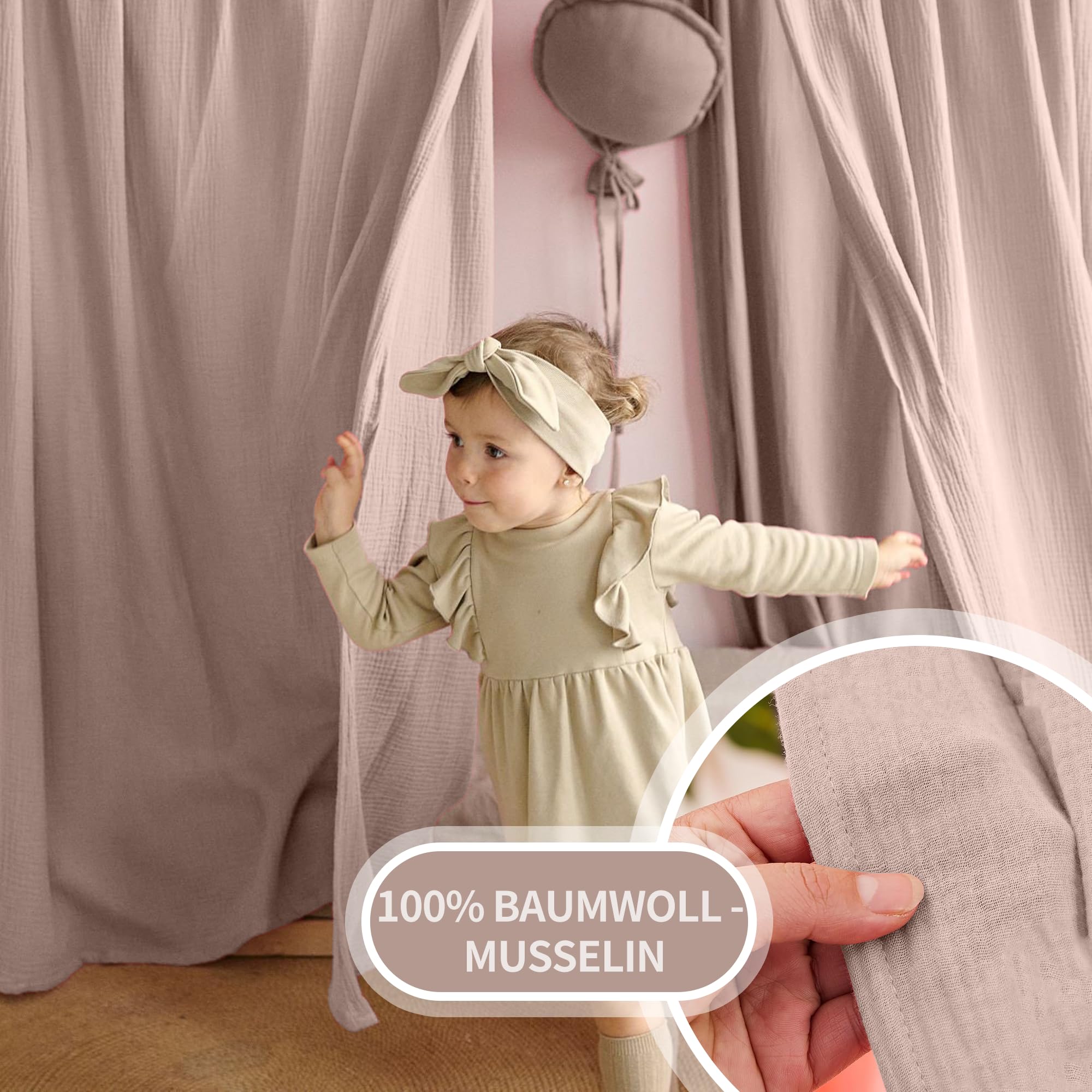 Hook Hausbett Himmel Deko Set, Betthimmel Hausbett aus Musselin - 2 Betthimmel & 1 Wimpelkette, für Jungen Mädchen Deko für Kinderzimmer, Baldachin Kinderzimmer Deko I 67 x 320cm Beigerosa