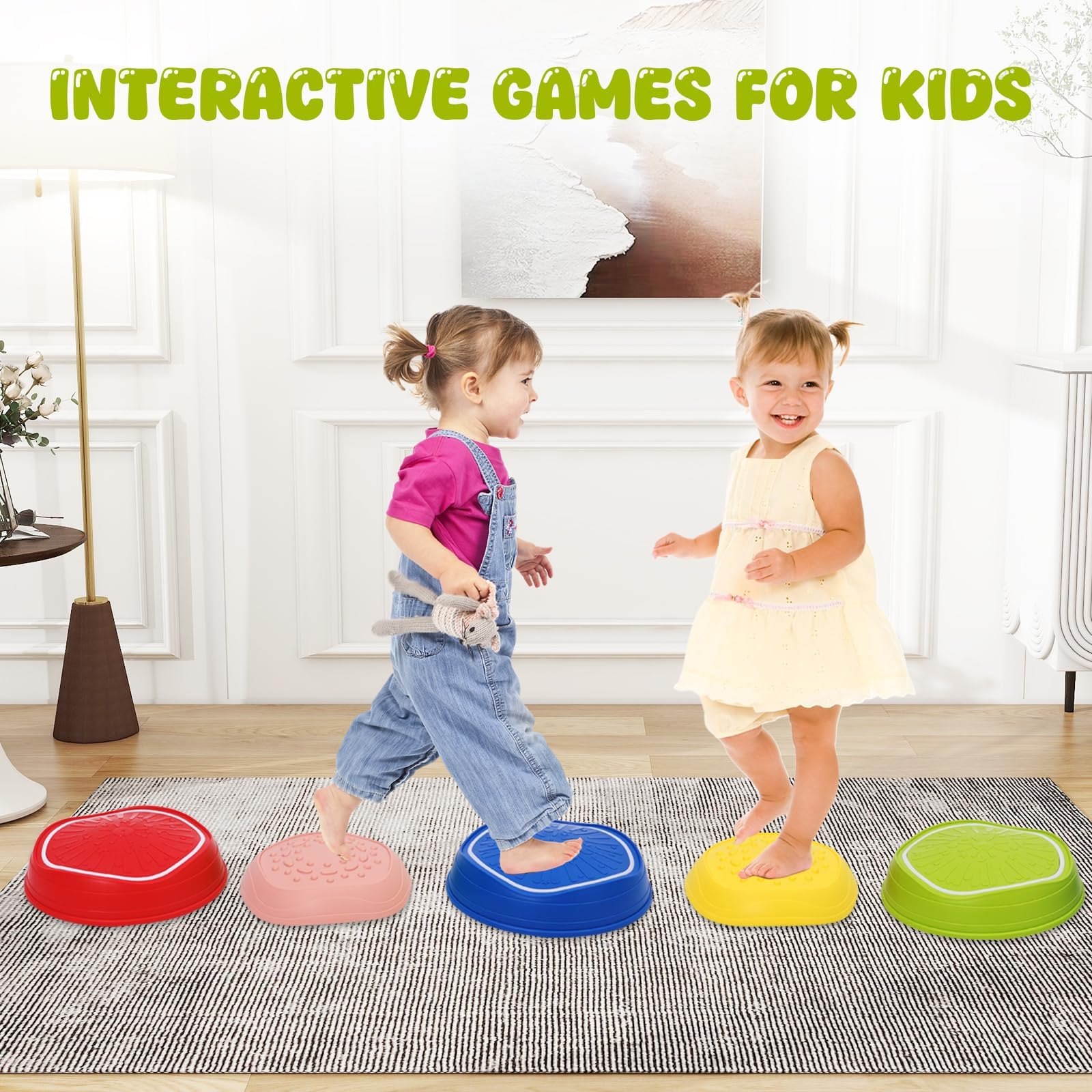 Pierres d'Équilibre Enfants 5PCS Parcours Motricité avec Musique et Lumière – Formation d'Équilibre Antidérapantes Jouets Sensoriels Int-Ext 3-8 Ans 70 kg