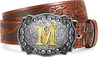 Western Cowboy Leather Belt Men Women, Gold Initial Letters ABCJMZ Buckle Embossed Belt for Jeans