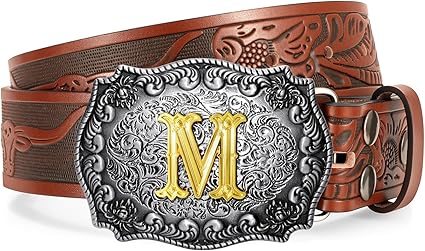 Western Cowboy Leather Belt Men Women, Gold Initial Letters ABCJMZ Buckle Embossed Belt for Jeans