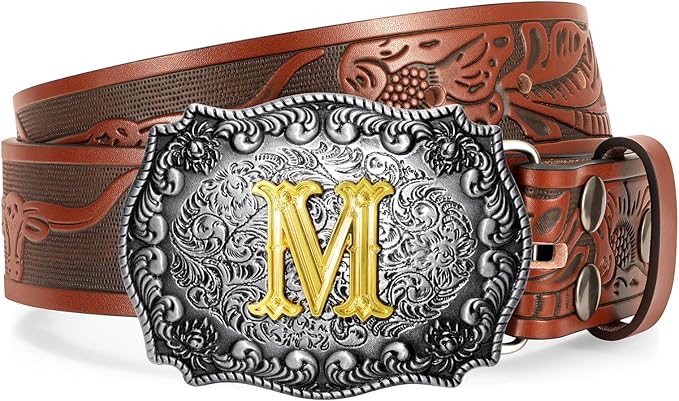 Western Cowboy Leather Belt Men Women, Gold Initial Letters ABCJMZ Buckle Embossed Belt for Jeans