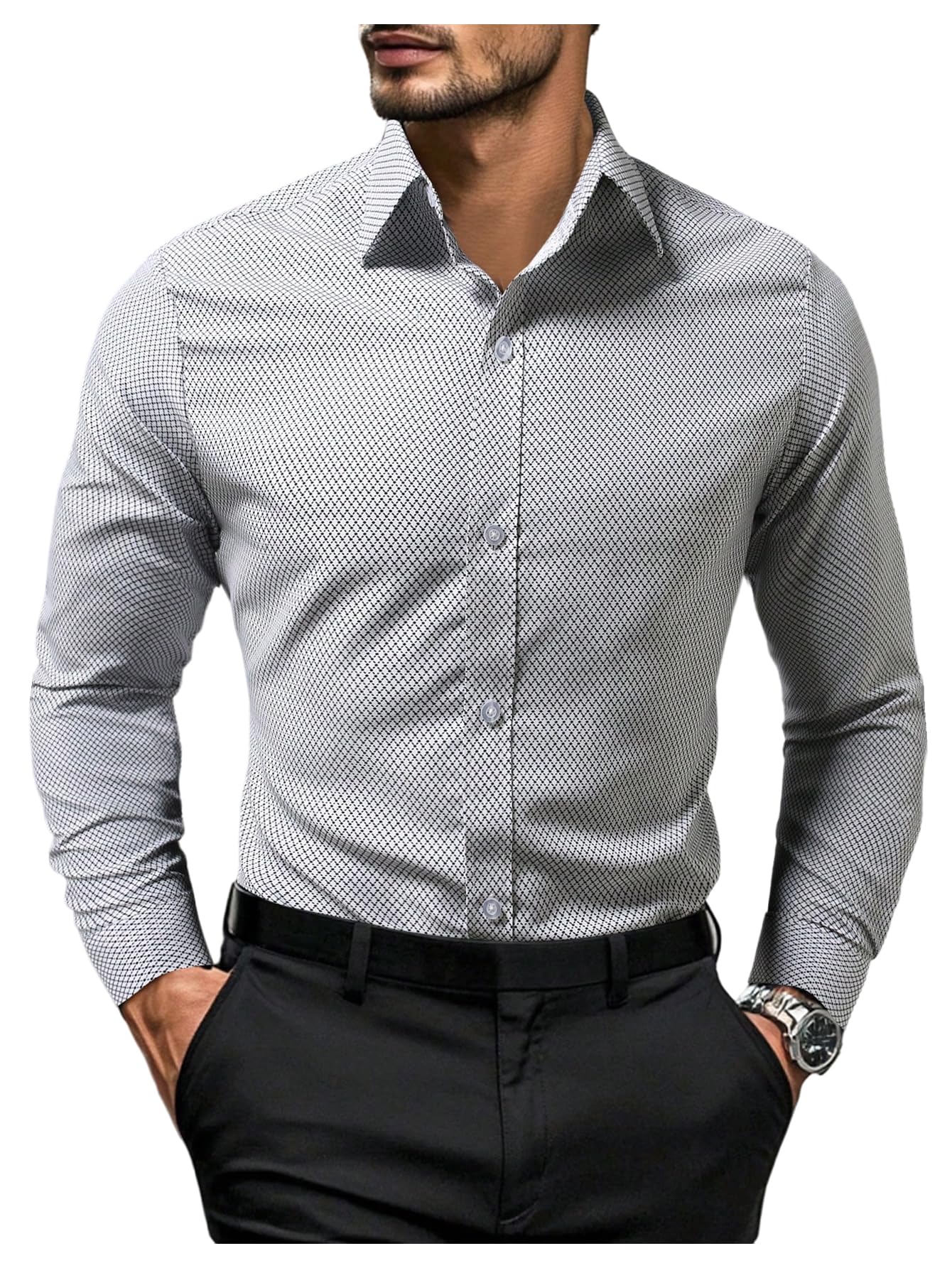 SHENHE Mens Dress Shirt Long Sleeve Button Up Collared Shirt Patterned Business Casual Work Top