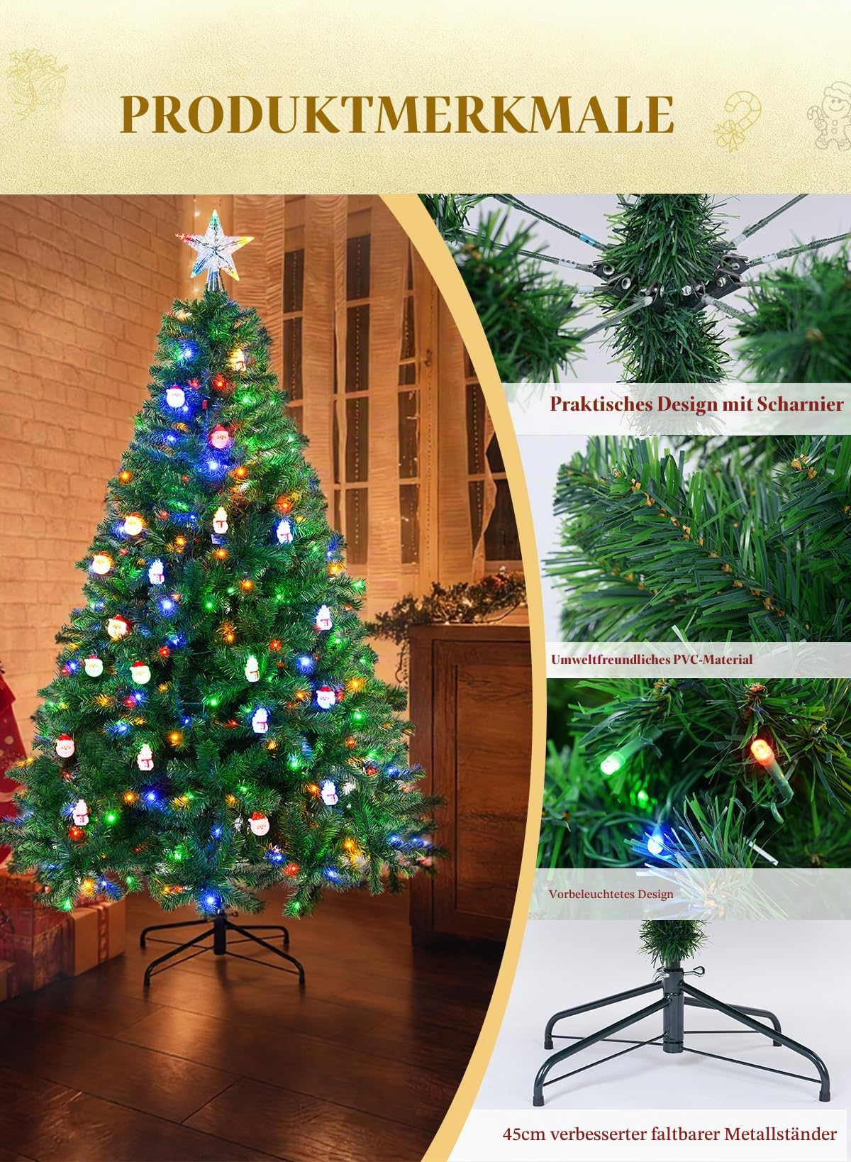 180cm Weihnachtsbaum künstlich, Künstlicher Weihnachtsbaum mit Beleuchtung, 9 Lichtmodi und 2 Farbwechsel, Grüne PVC, Feuerbeständig, Tannenbaum mit Metallständer für Weihnachten Dekoration