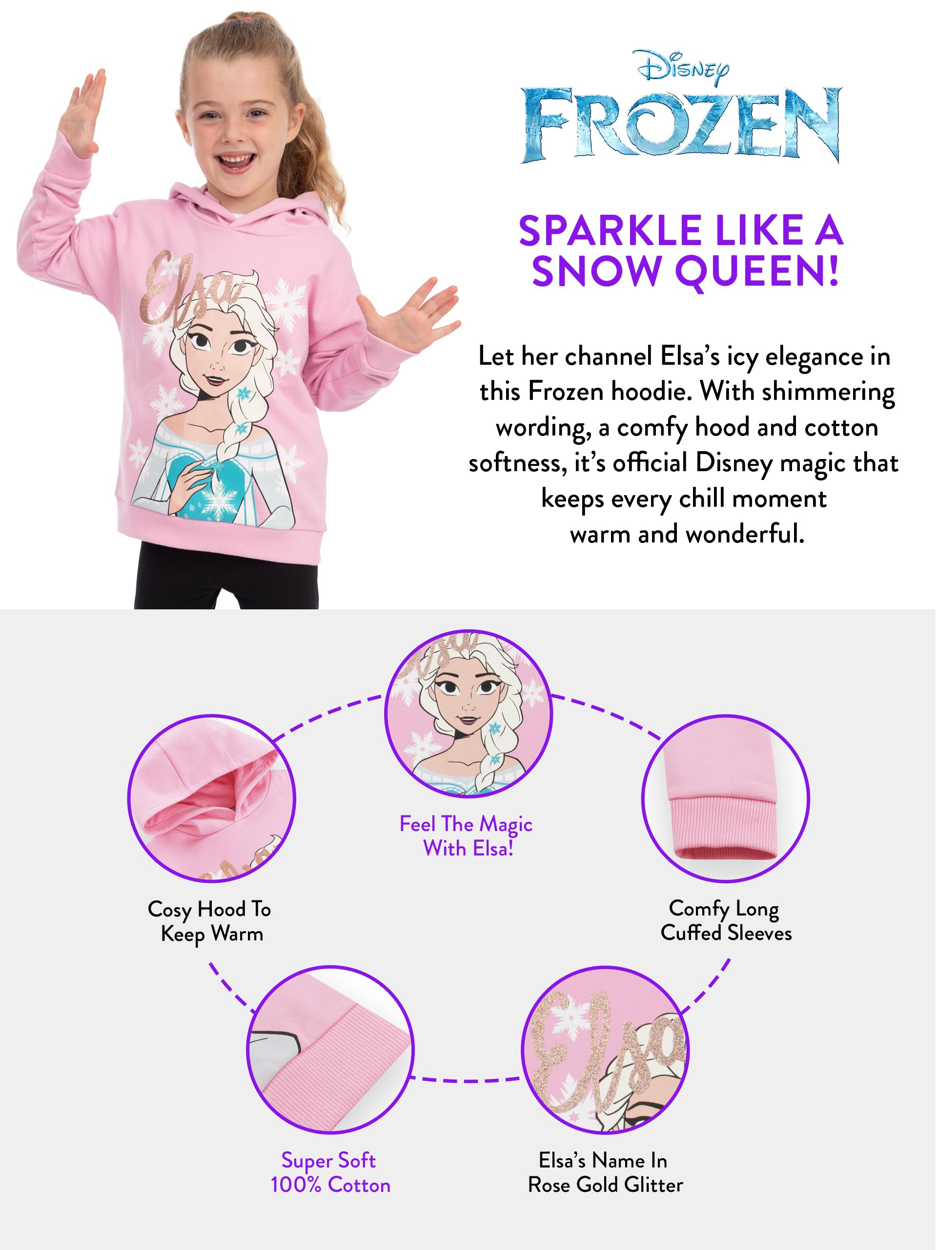 Disney Bluza Z Kapturem Frozen Elsa Dla Dziewczynki, Różowa Bluza Dziecięca Bawełna, Sweter Dla Dziewczynek