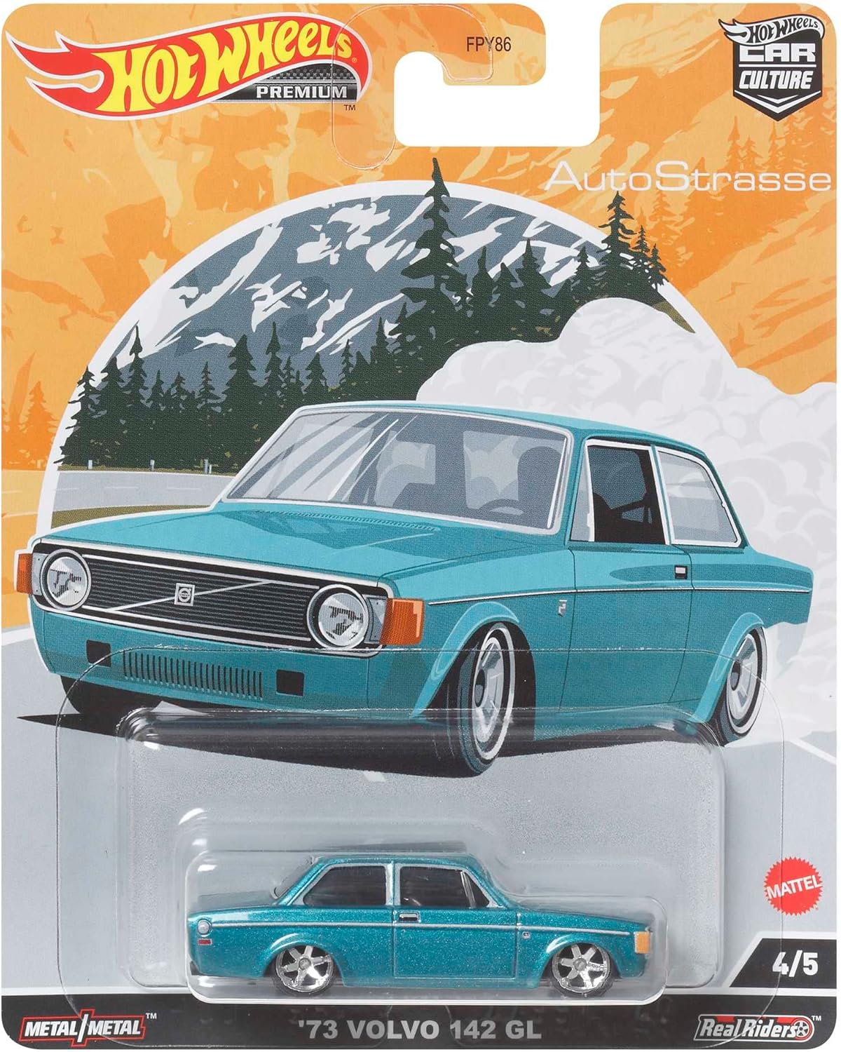 Hot Wheels '74 Volvo 142 GL in its blister packaging, showing the car and the 'AutoStrasse' themed card art.