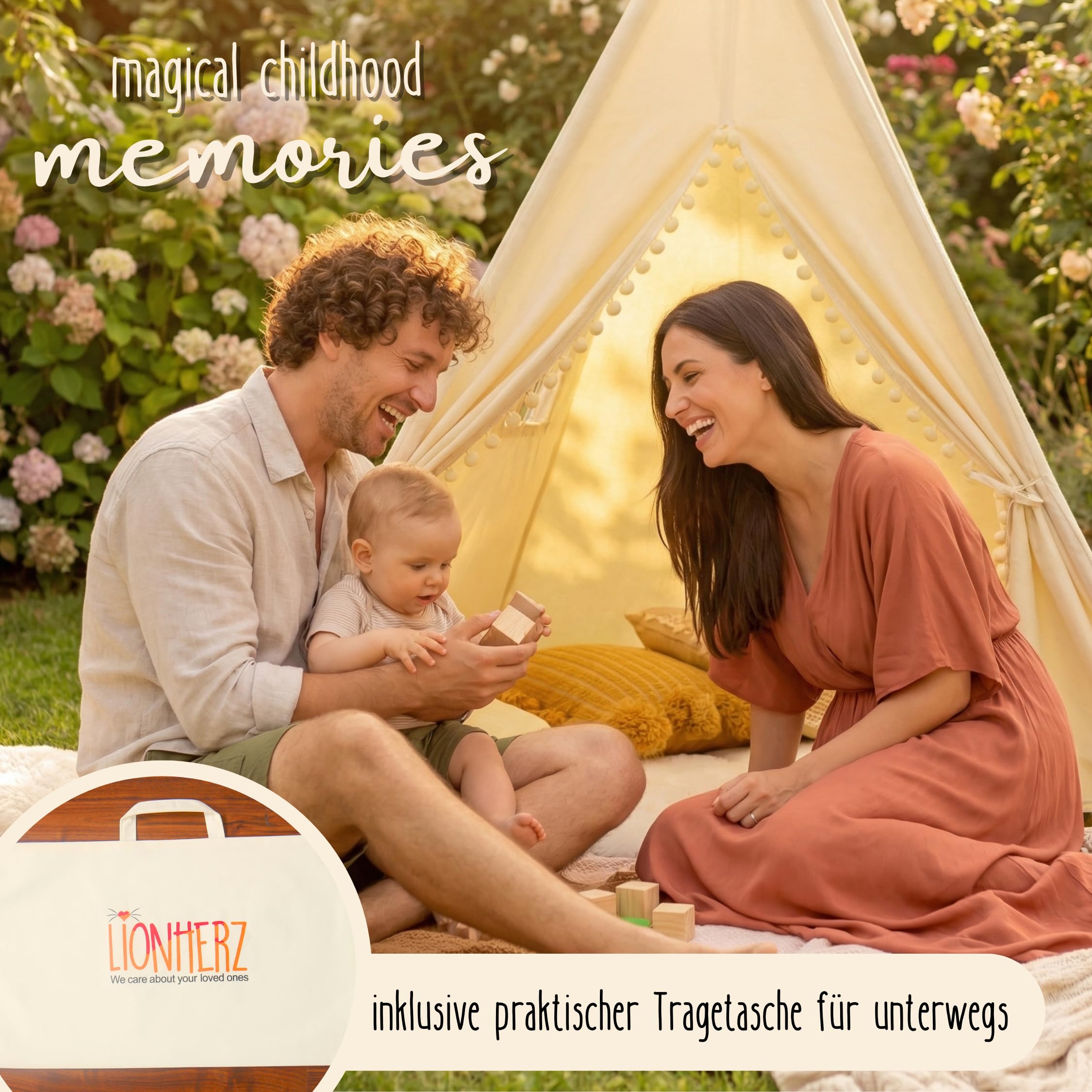 LIONHERZ® DAS ORIGINAL Tipi Zelt Kinder 100% Baumwolle | Kinderzelt Indoor | Tippi inkl. Matte, Stabilisator & Federdeko | atmungsaktiv | Kinderzimmer für Mädchen & Jungen