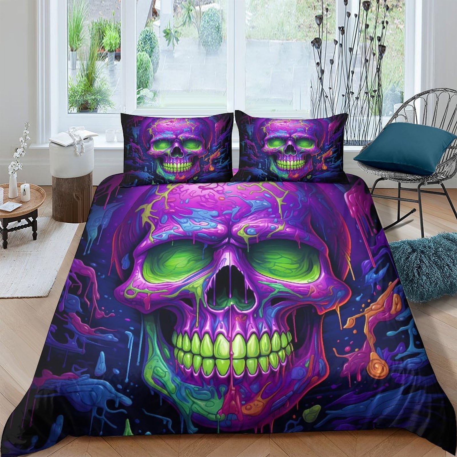 Ctjqhvkz Style-7 3D Printed Neon Skull Fitted Sheet Microfiber Vibrant Art Purple Green Bed Cover For Bedroom Dorm Decor Single（135X200cm）