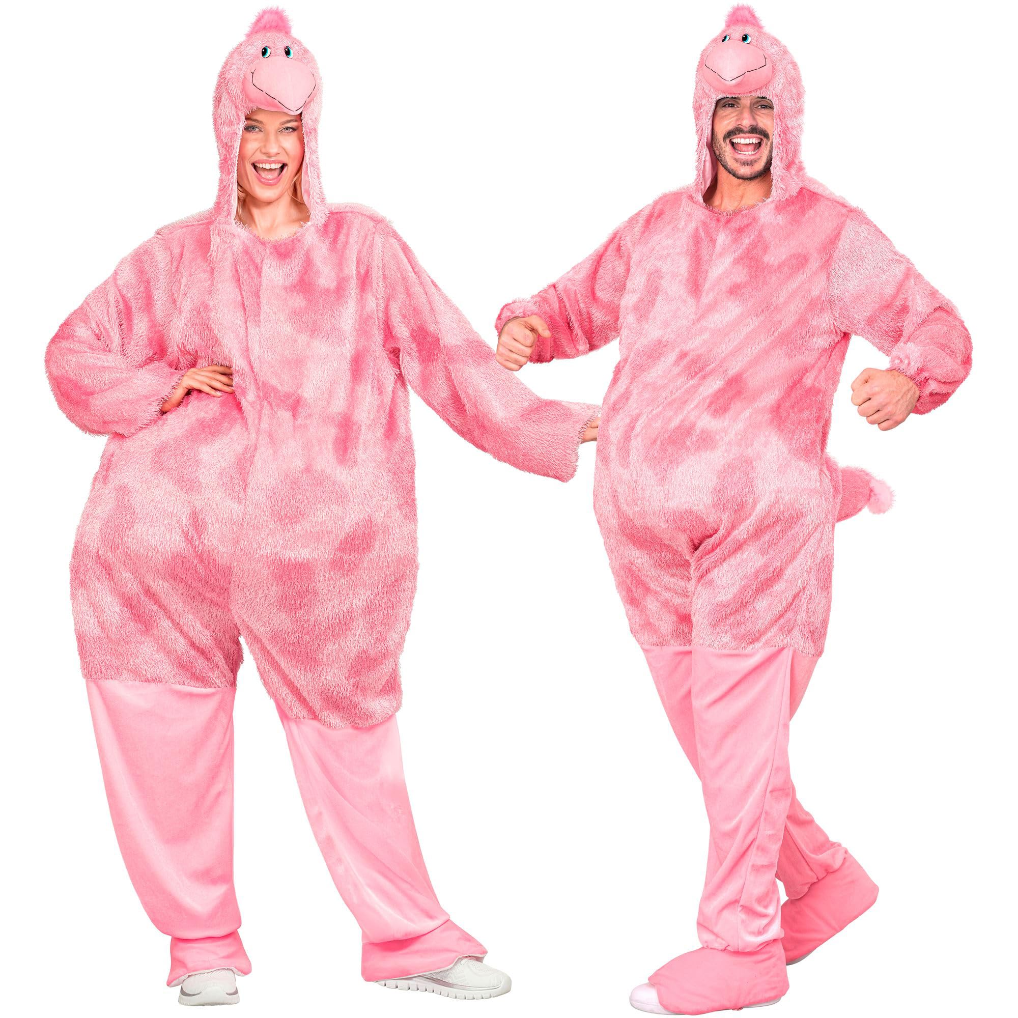 W WIDMANN MILANO Party Fashion - Funny Flamingo Kostüm Erwachsene | Overall mit Kapuze und Flamingo-Kopf für Damen und Herren, Plüschkostüm für Karneval, Mottopartys