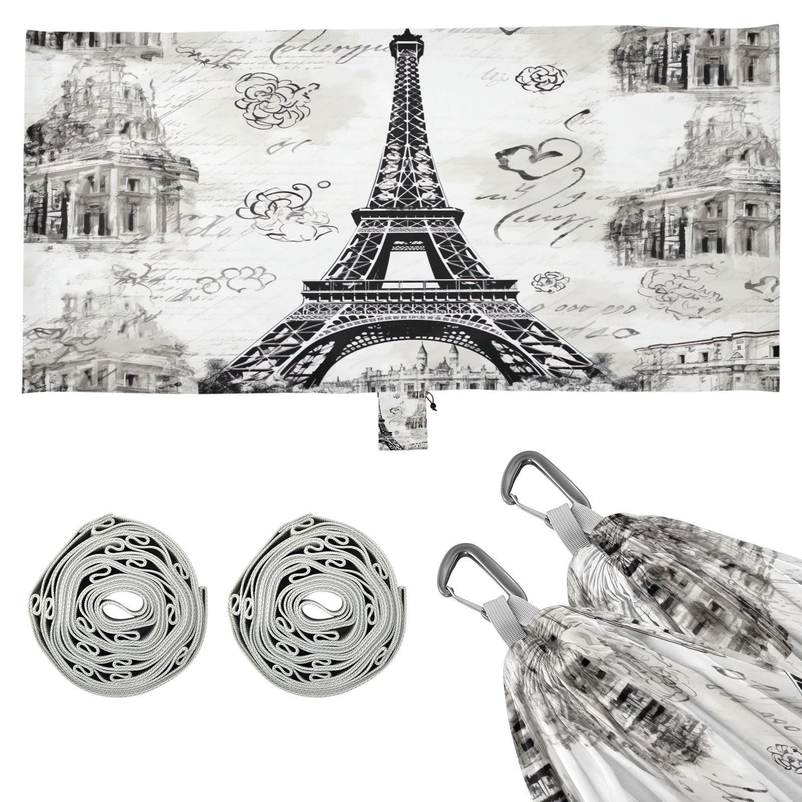 SDMKA Vintage Eiffel Tower Camping Hammock, 330 lbs with 2 Tree Straps, Carry Bag, Single Portable Hammock for Outdoor/Indoor, Hiking, Beach, Backpacking, Travel