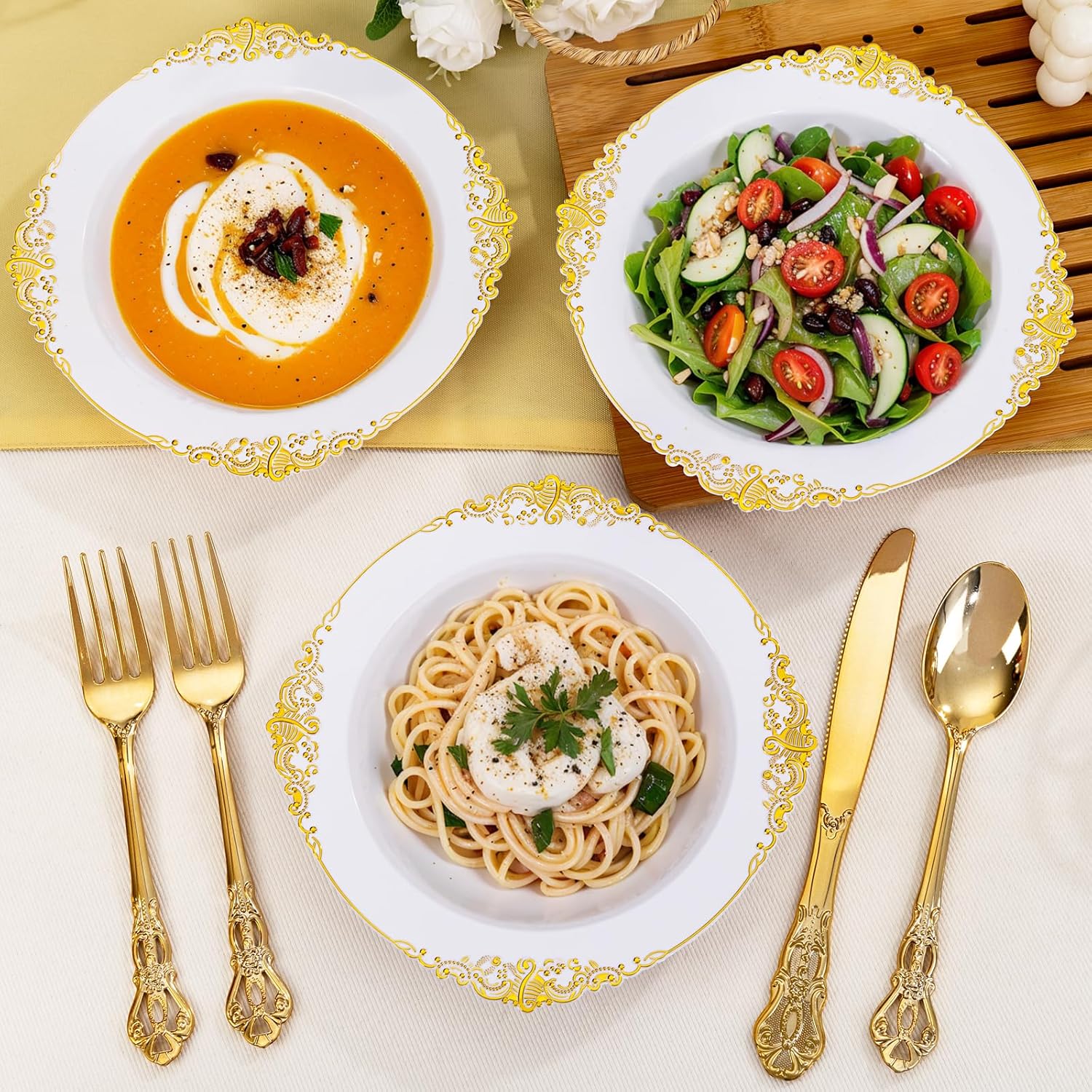 100PCS Gold Plastic Bowls - 12 oz White Disposable Salad Bowls - Heavy Duty Soup Serving Bowl - Fancy Plastic Ice Cream Bowl for Parties, Dinners, Catering, Picnics