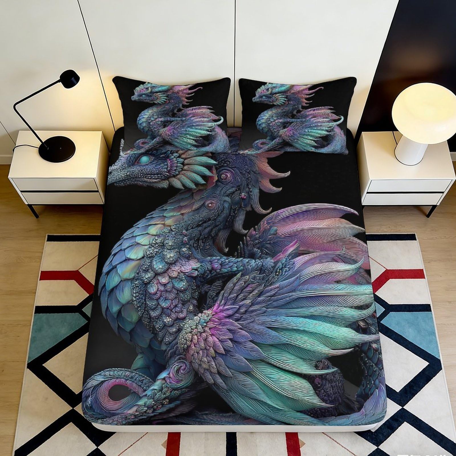 3D Printed Fantasy Dragon Fitted Sheet Microfiber Soft Bedroom Decor Iridescent Dragon Bed Cover Mattress Protection 90x200x25cm