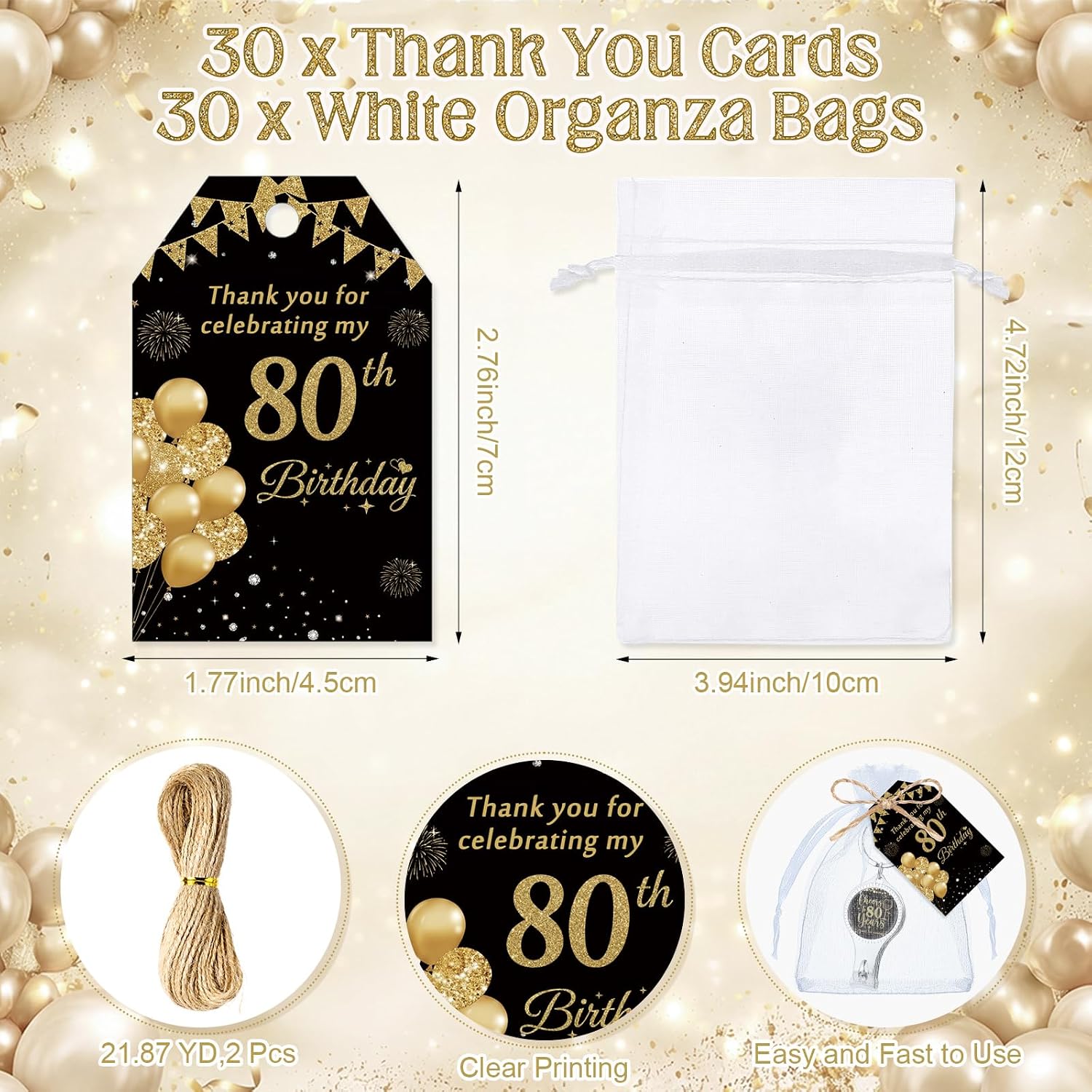 Zeyune 30 Sets 80th Birthday Party Favors for Guests, Cheers to 80 Years Black Gold Bottle Opener Nail Clipper Keychain with Thank You Card for Return Gifts Anniversary Party Wedding(80th, black gold)