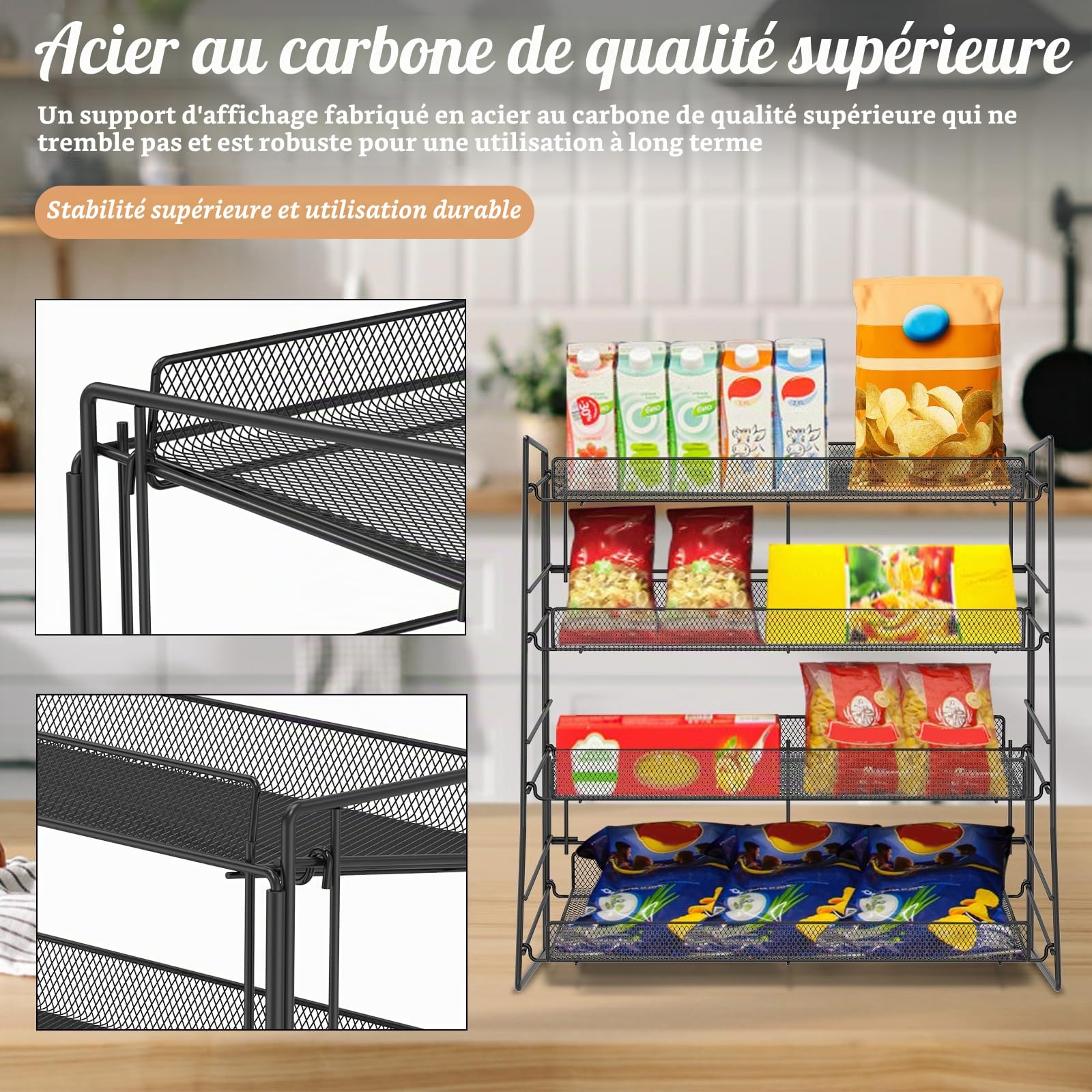 Présentoir à bonbons en métal à 4 niveaux pour plan de travail, 40 × 22 × 41 cm, organisateur de bonbons empilable, étagère de vente au détail pour concession, cuisine, bureau