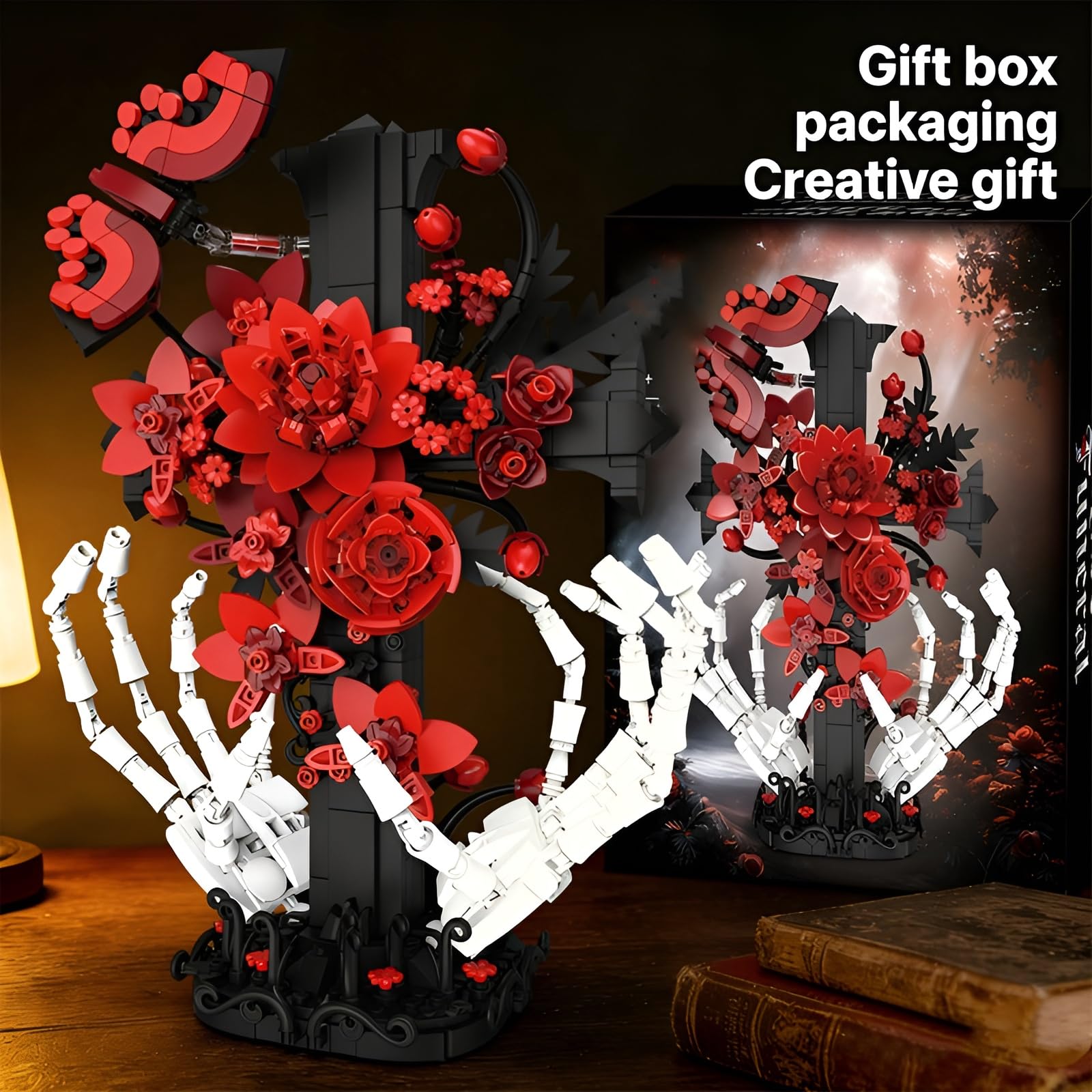 Cráneo de cruz gótica manos con rosas bloques de construcción, 901 piezas Cruz flor kit de construcción para adultos, colección botánica modelo de juguete, regalos únicos estilo romántico oscuro