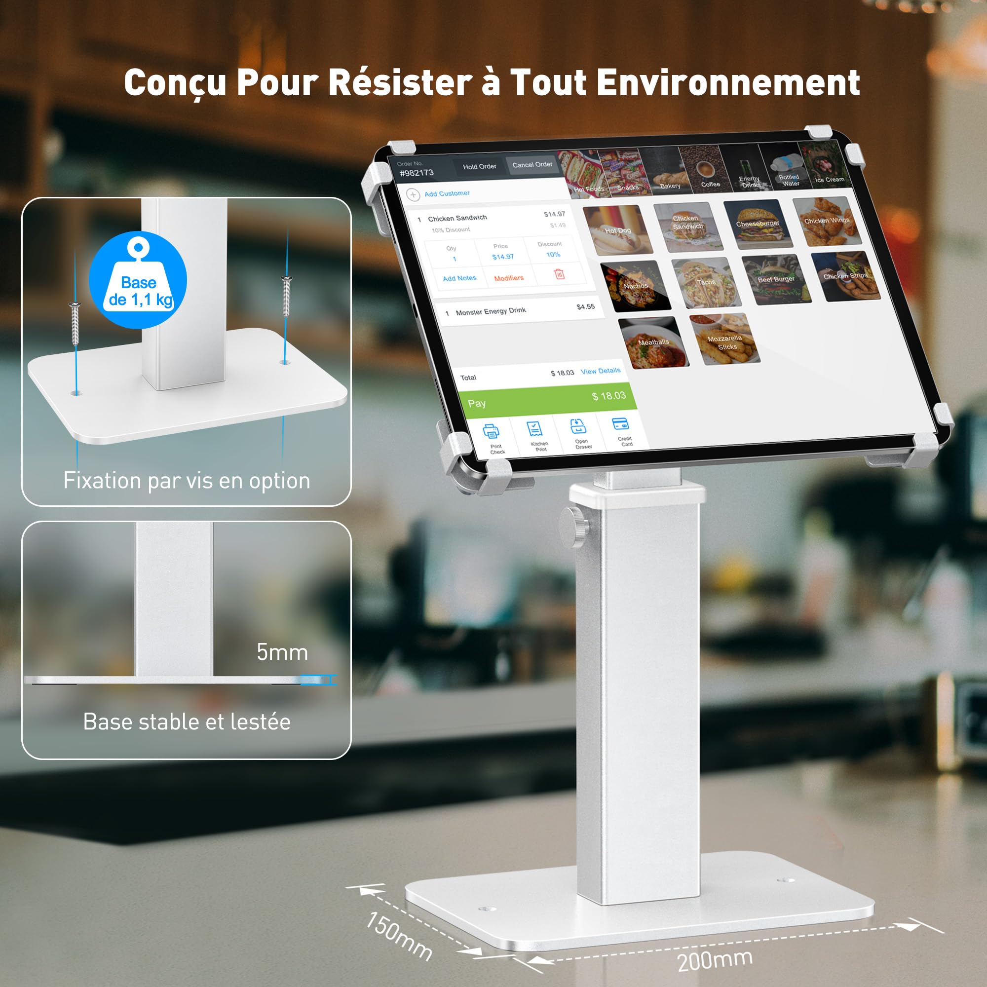 AboveTEK Support Kiosque Antivol pour iPad, Rotation 360°, Hauteur Réglable 21-34cm, Acier/Aluminium Robuste, pour Tablettes 9.7"-13", Support POS Sécurisé pour Commerce-Argent