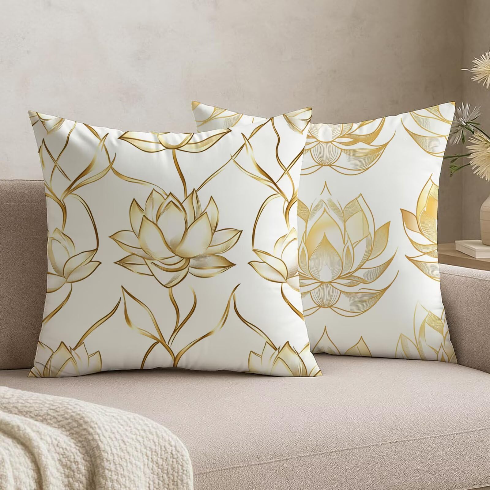 Housses de coussin en velours blanc et or 40x40 finitions luxe
