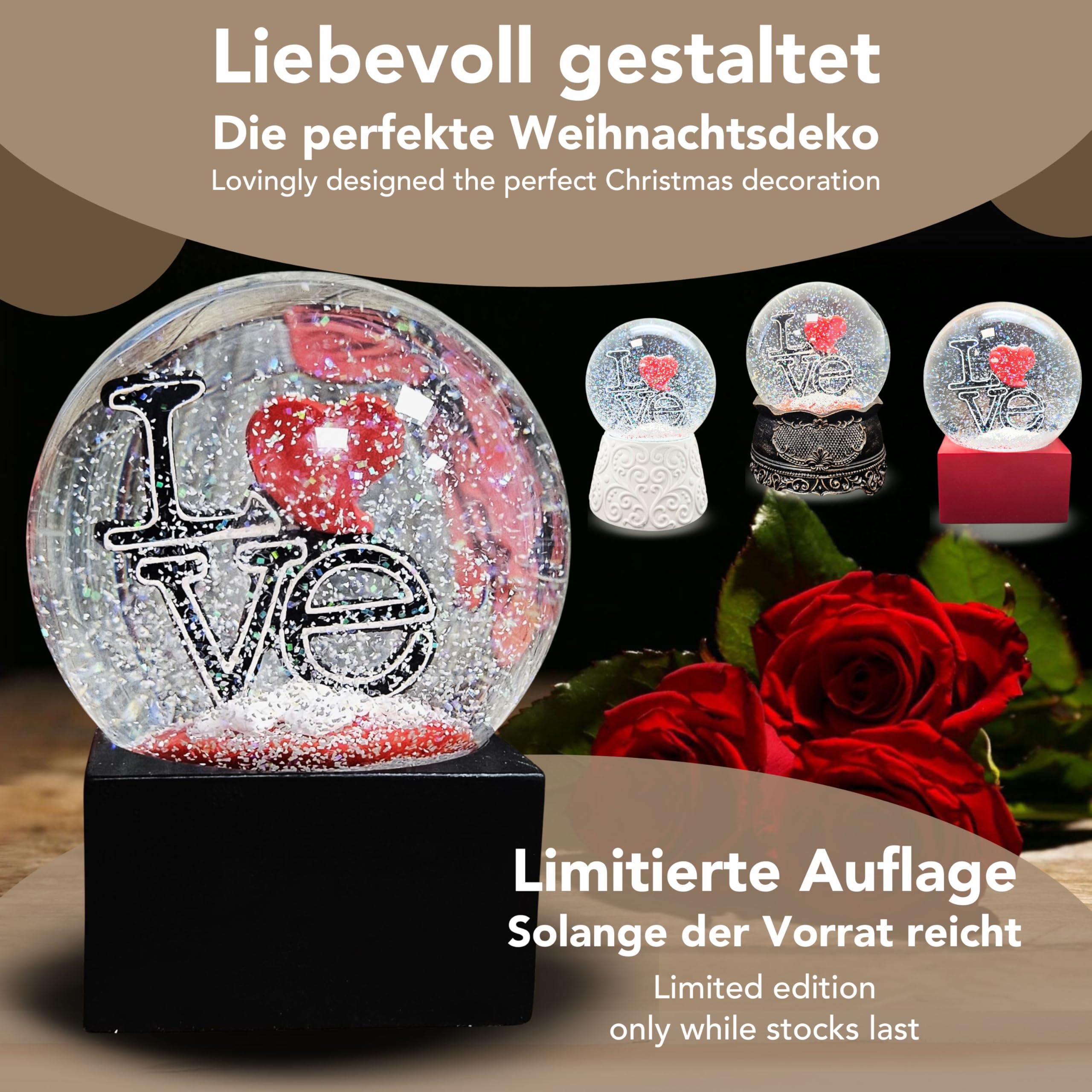Boule à neige Love avec cœur - Inscription Love sur socle noir - Boule à secouer en verre - Hauteur : 12 cm - Largeur : 10 cm - Cadeau pour la Saint-Valentin, la fête des partenaires - 10015