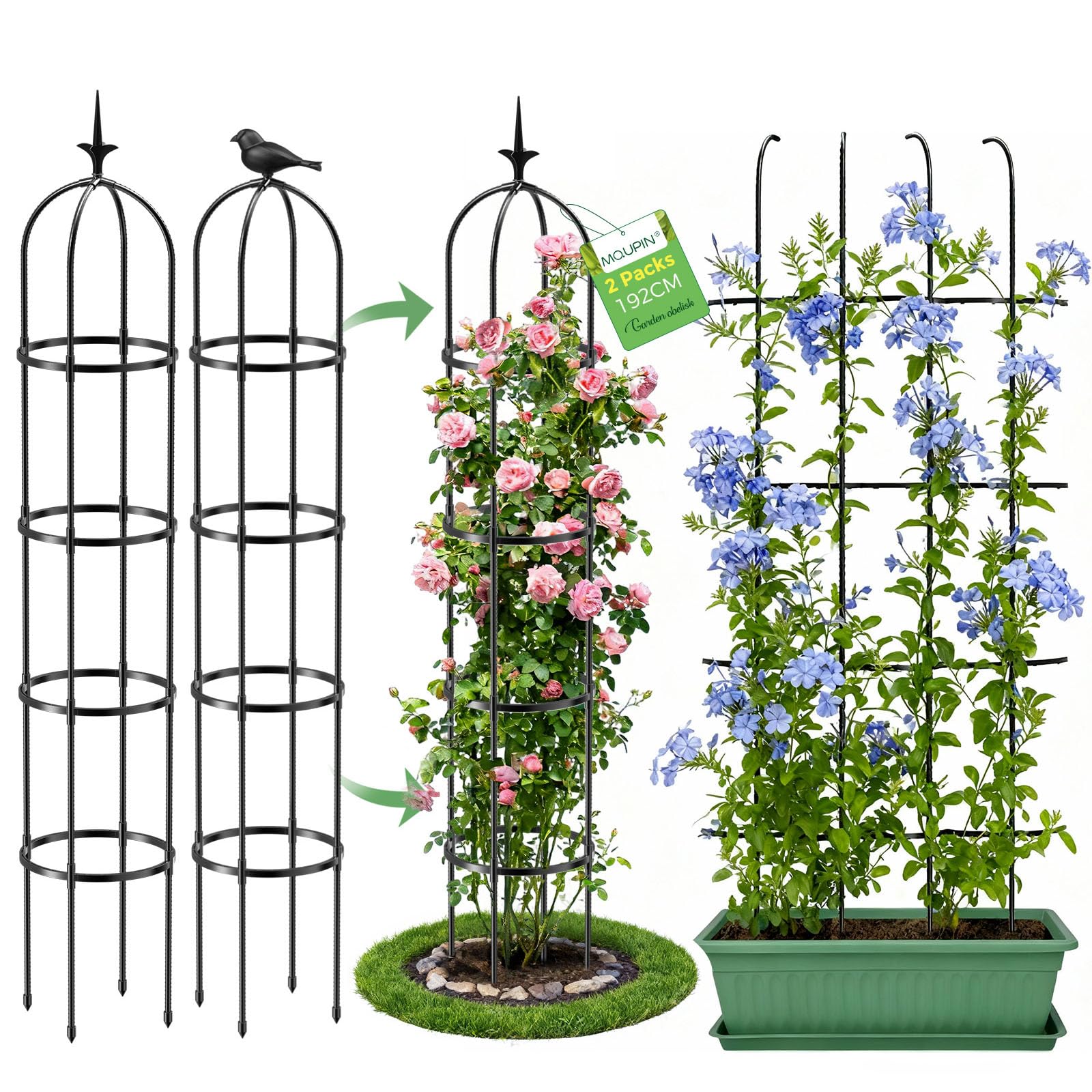 MQUPIN Treillis de Jardin pour Plantes Grimpantes,192CM Noir Tour Jardin Obélisque Treillis Métal Antirouille Plante Pot Support Escalade pour Intérieur Extérieur Fleurs Légumes Fruits(2 Pièces)
