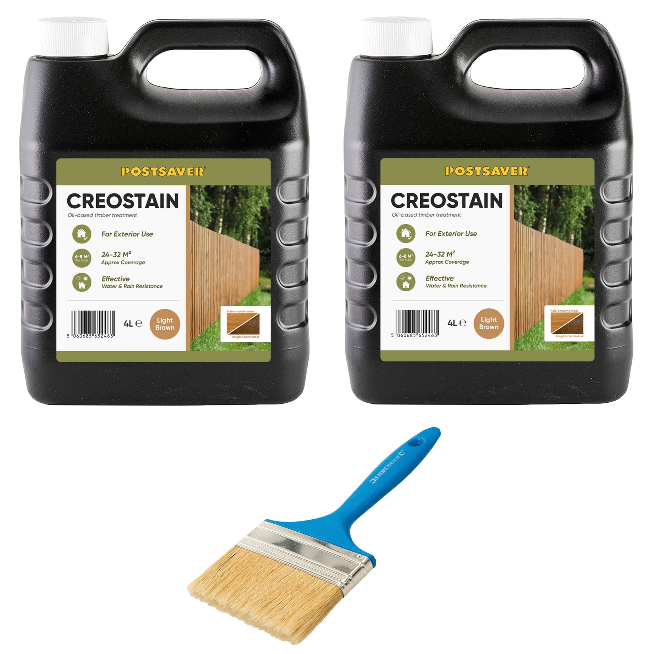 Postsaver Creostain Creocote Oil-Based Wood Treatment | Creosote Substitute | Exterior Wood Stain and Preserver | Fence Treatment | Low VOC | Pack of 2 + Brush (Light Brown)