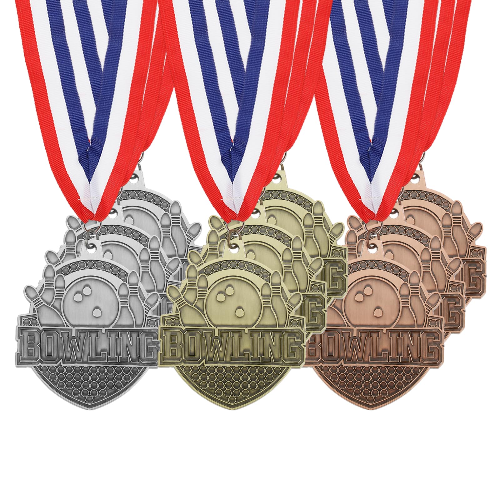PATIKIL Medaglie d'oro Argento Bronzo per Giochi Bowling con Nastri Rosso & Bianco & Blu, Medaglia di Bowlingo 9Pz Medaglie Vincitore Premi Competizioni Oro/Argento/Rosso