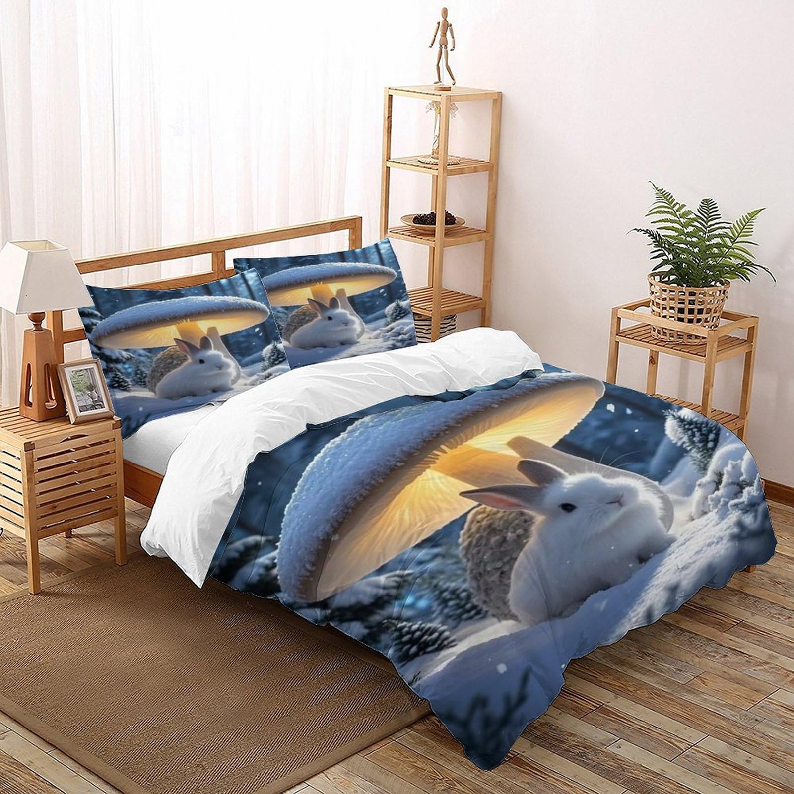Housse de couette 3D motif lapin blanc en tissu microfibre ultra doux pour lit 2 places