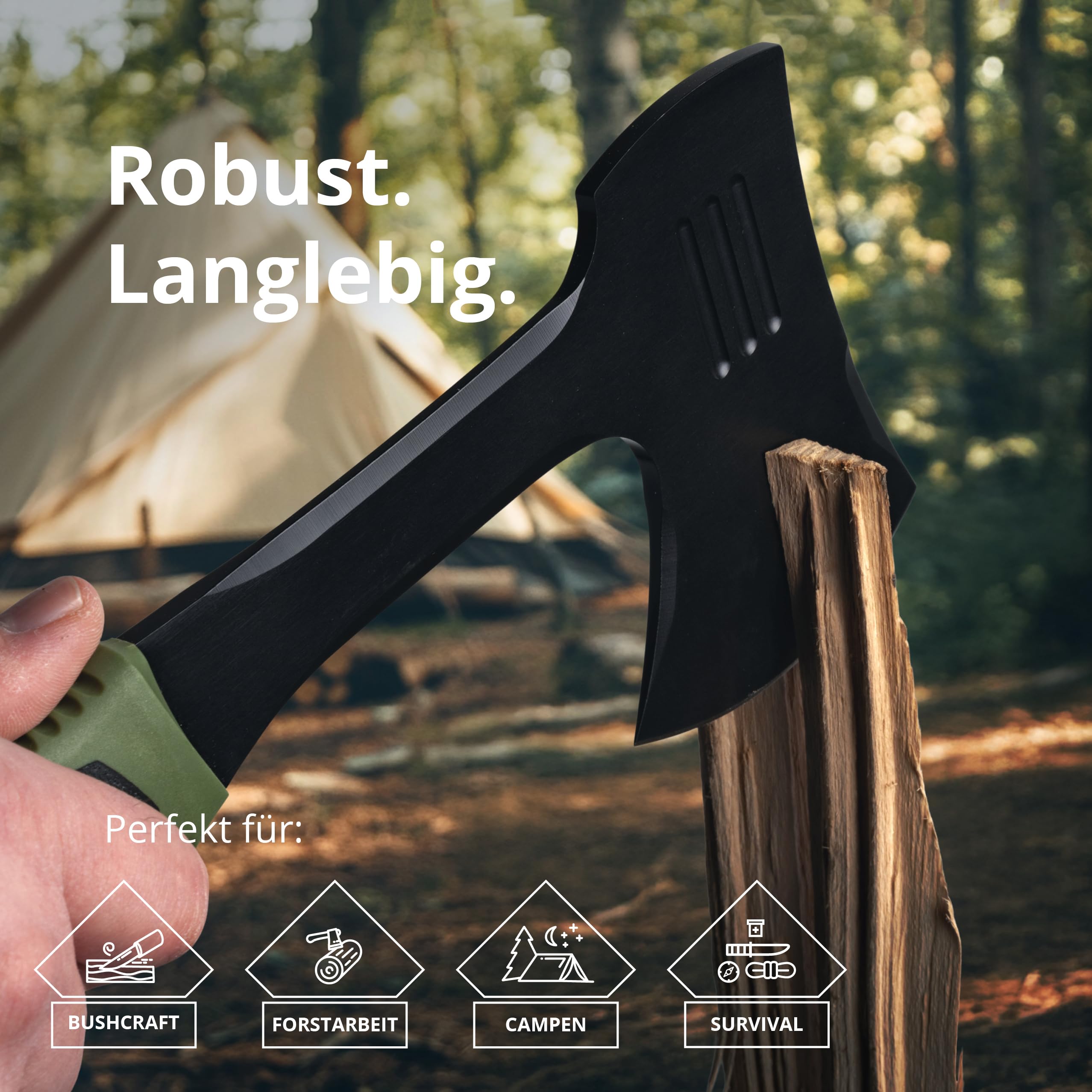PUMA XP - Packable Hatchet – Kompaktes Outdoor-Beil Olivgrün mit 90 mm Schneide & 305 mm Gesamtlänge – 5 mm Starke Klinge aus 440 Stahl (55-57 HRC) – Rutschfester Gummigriff – inkl. Nylon-Scheide
