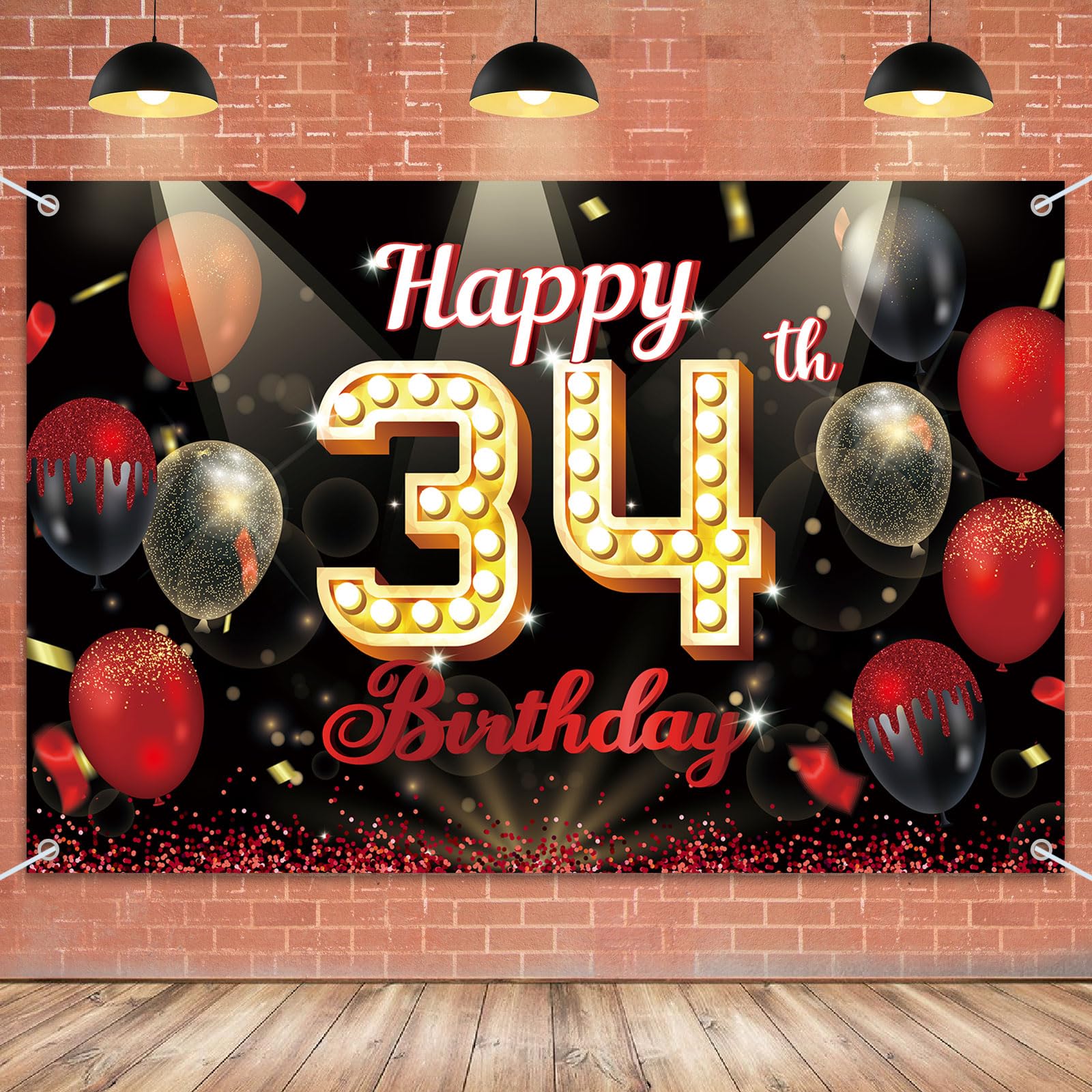 Happy 34th Birthday Backdrop Banner Red Balloon Gold Glitter 34 Years Old Photo Booth Background Premium Vinyl Banner for Indoor/Outdoor Parties,
