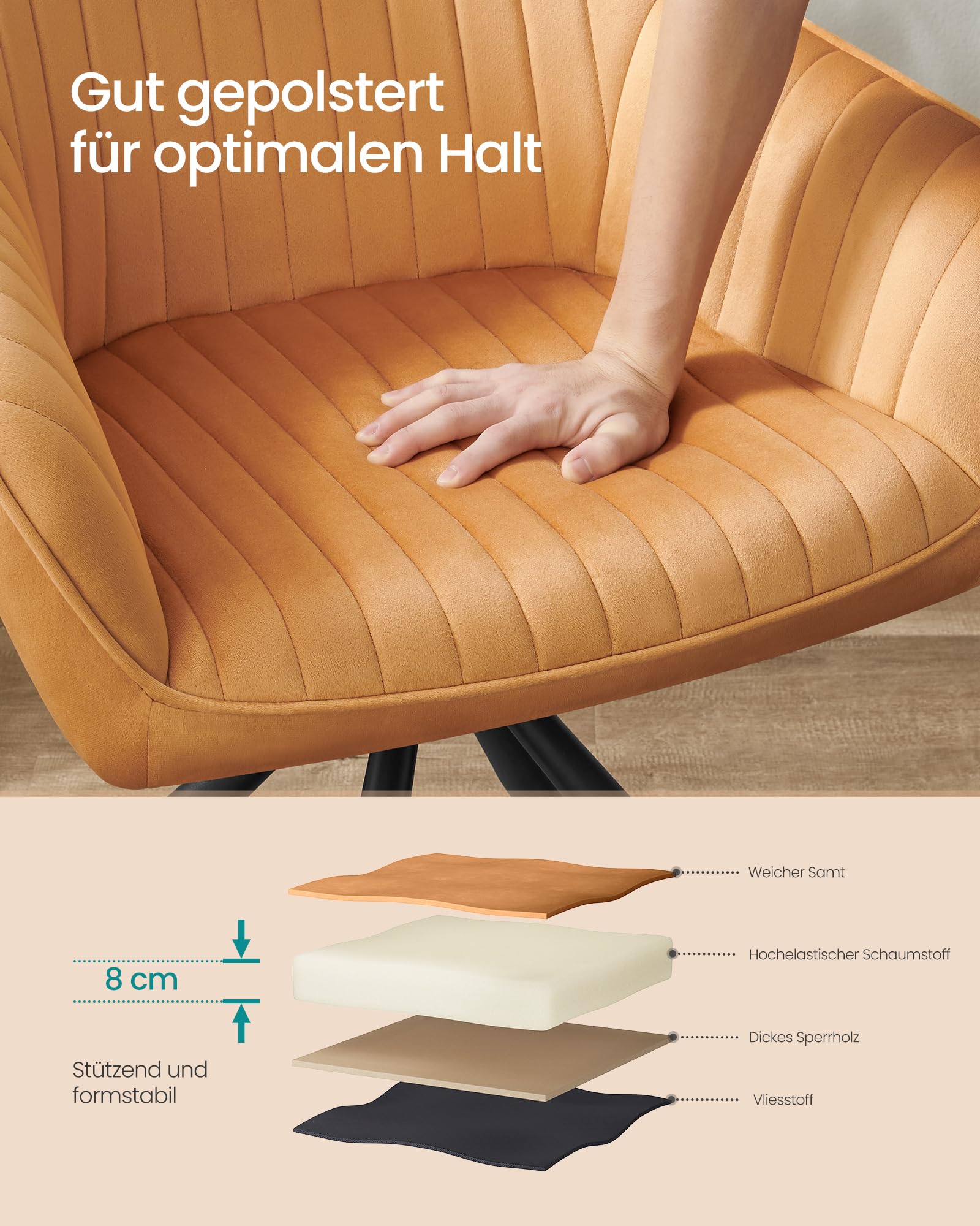 SONGMICS Esszimmerstuhl 2er Set, Küchenstuhl, Sessel drehbar, Samt, Polsterstuhl mit Armlehnen, bis 120 kg belastbar, Stahlbeine, für Esszimmer Küche, karamellbraun-tintenschwarz KDC161K12V1