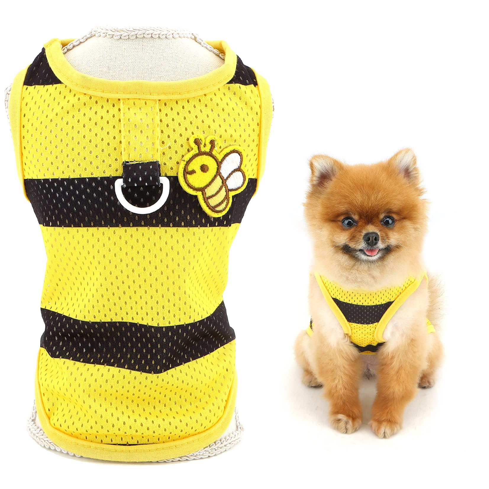 SMALLLEE_LUCKY_STORE Cool Mesh Dog T-shirt for Small Dogs Striped Pet Tank Top with D-ring and Bumble Bee Puppy Vest Shirt Lightweight Breathable Chihuahua Yorkie Cat Apparel, Yellow, M