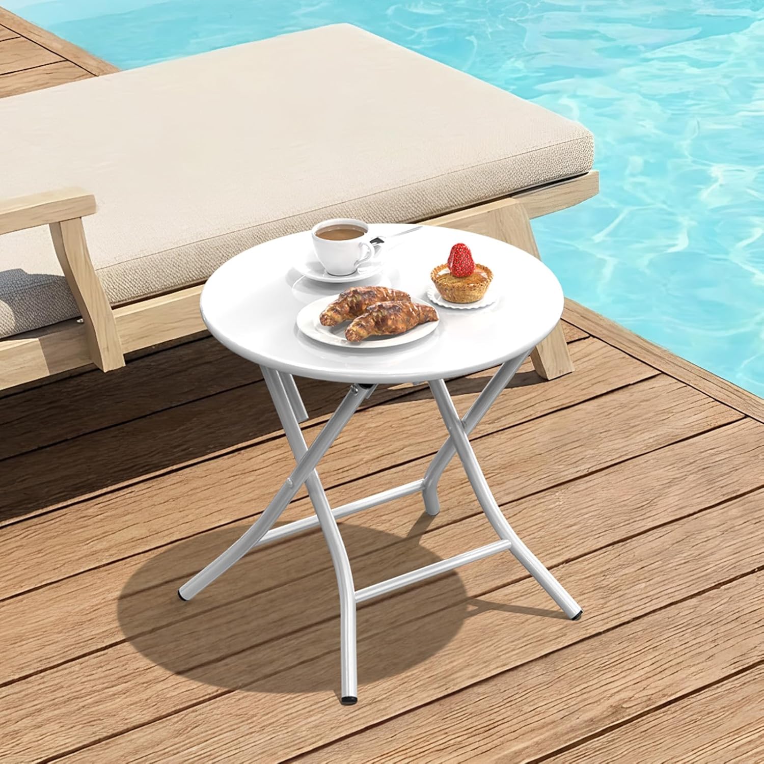 VINGLI Patio Metal Folding Side Table, Portable Small Outdoor Folding Round Table, Perfect for Indoor and Outdoor Spaces Like Balconies, Backyards, Porches, and Patios.White（1 Pack）