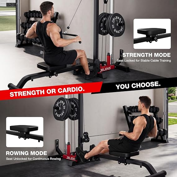 JELENS RC01 Cable Machine, Wall Mount Cable Machine with 16 Adjustable Positions, Rowing Machine & LAT Pulldown Machine with Training Attachment, Home Gym Equipment 2 in 1