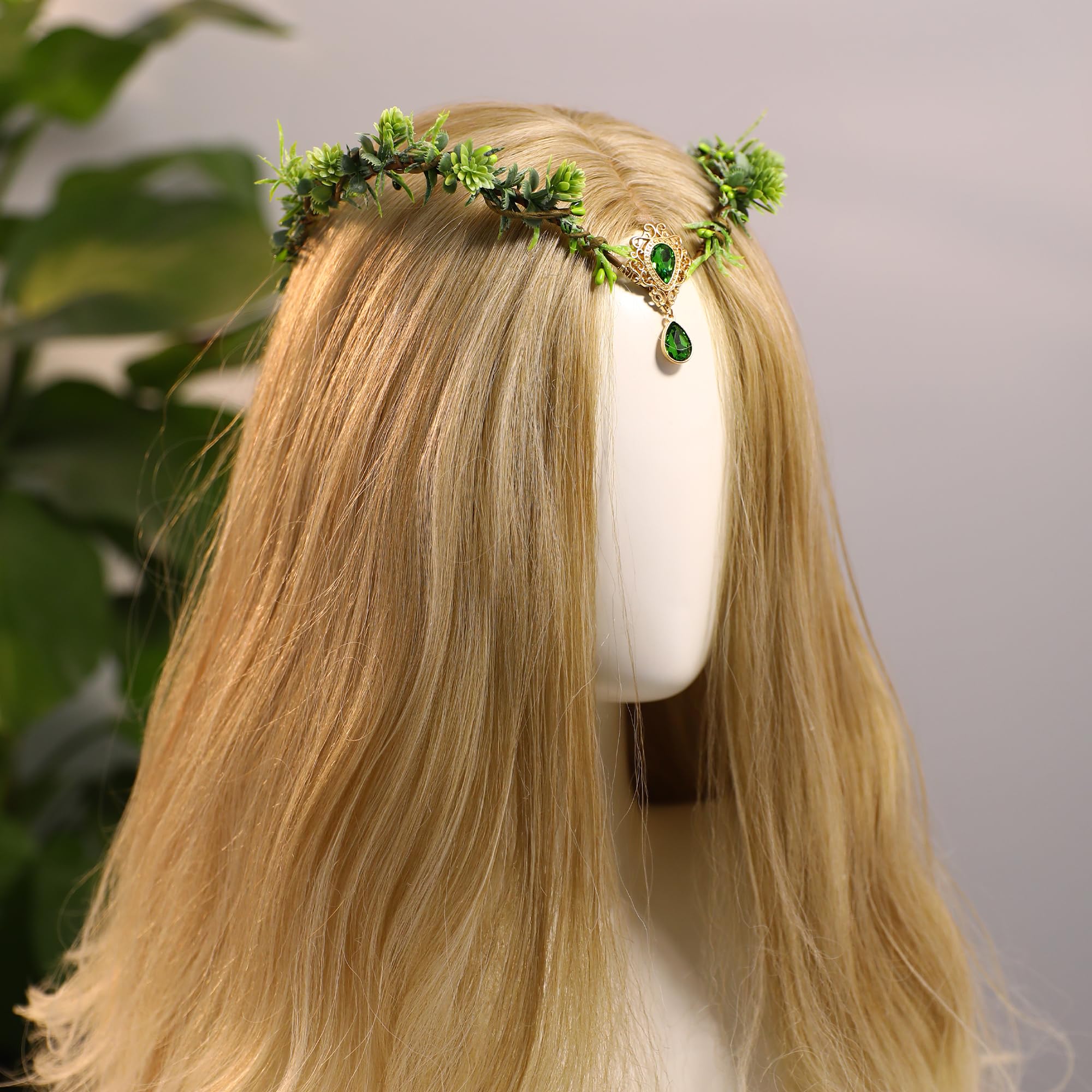 Handmade Woodland Goddess Halo Crown Spiked Green Rose Flower Tiaras MOSTORY Handmade White Antler Floral Headpiece Woodland Rose  main image 3